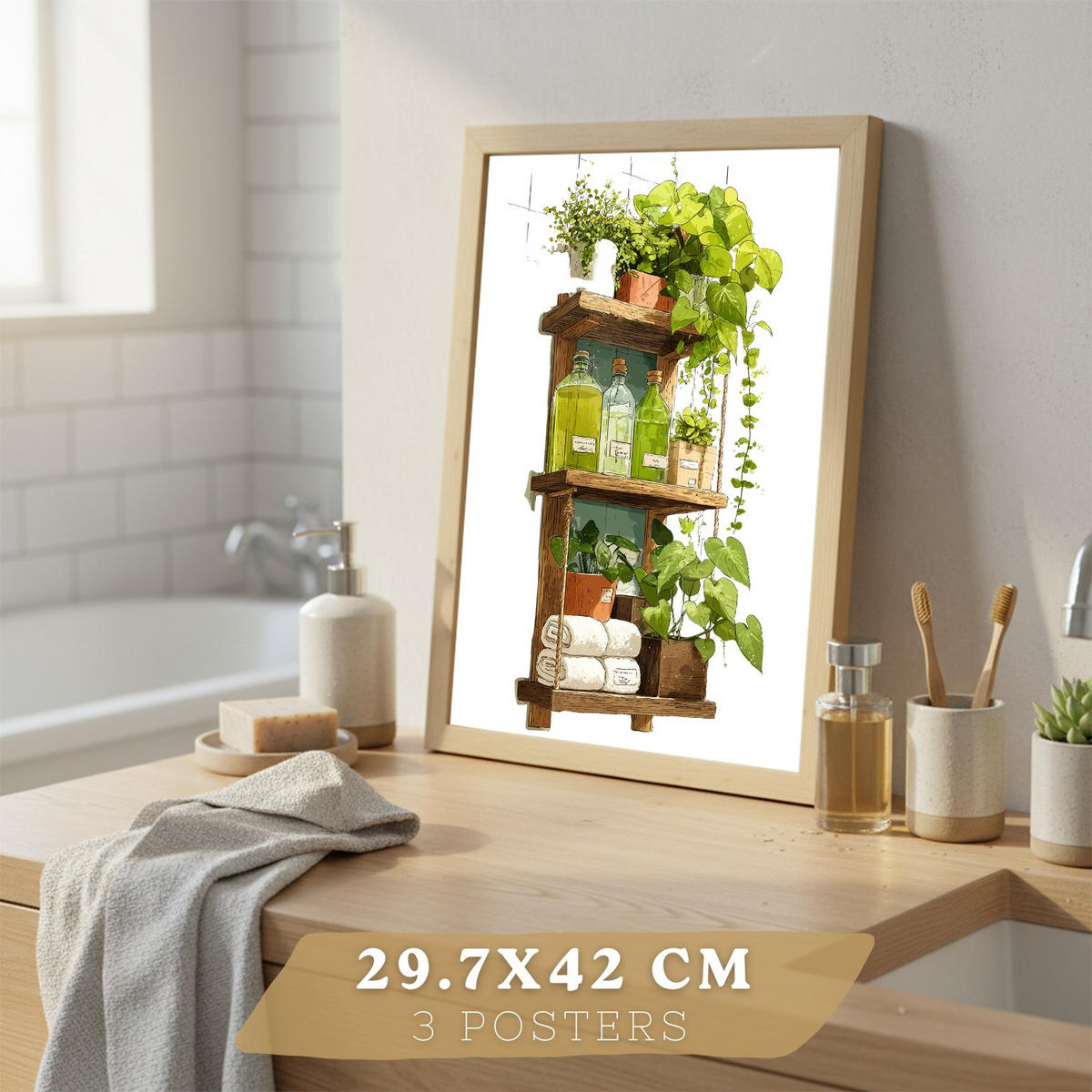 POSTER 3er-Set dekorative Badezimmerbilder im mit grünen Pflanzen, Dusche und Ablage, minimalistisches, Wohndekoration Leichter Holzrahmen A3 - Beige, Papier (42/29.7/3cm) - Nacnic