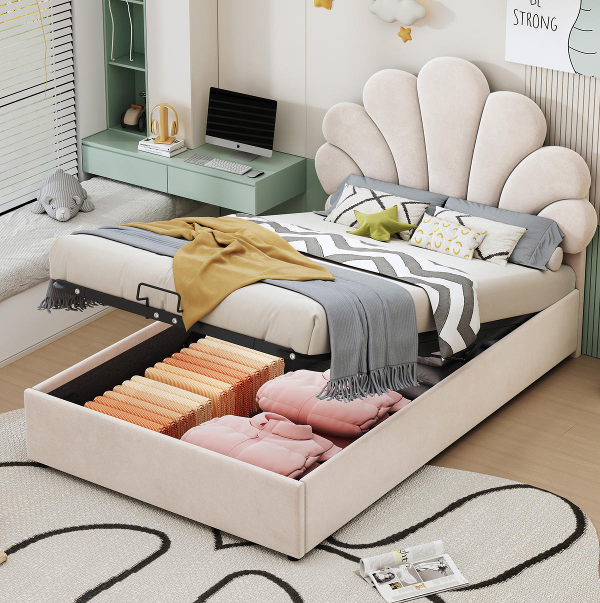 KINDERBETT 90/200 cm Beige aus Samt mit Stauraum und floralem Kopfteil - Beige, Textil (90/200cm) - Flora Grace