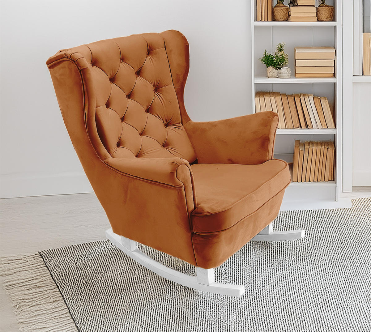 SCHAUKELSESSEL mit gepolstertem Sitz und Armlehnen, 102x81x95 cm, Orange_29824 - Weiß/Orange, Holz/Textil (81/102/95cm) - DomoHome