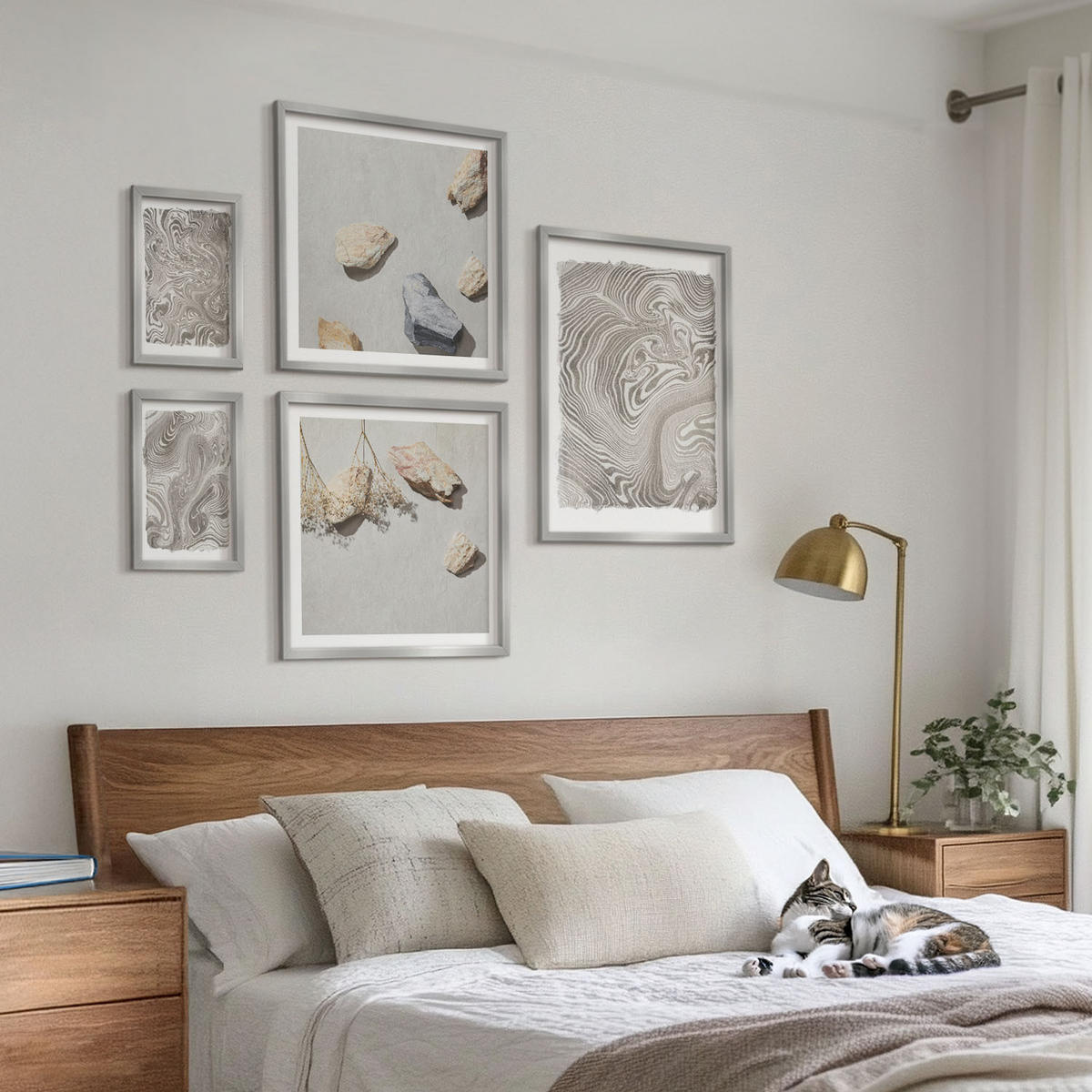 BILDER SET 5er Set - 50x50 cm & 20x30 cm & 40x60 cm Silberner Rahmen - Moderne abstrakte Formen - Silberfarben, Kunststoff (40/60cm) - TULUP