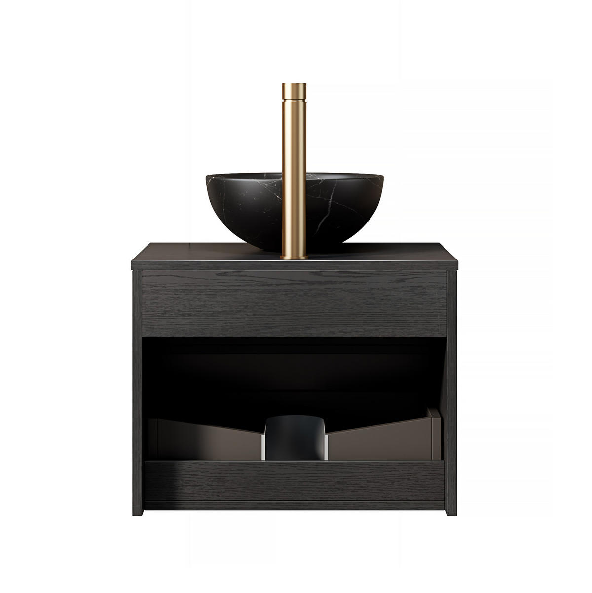 WASCHTISCHUNTERSCHRANK 60x46x60.8cm in Schwarz mit Sensor-LED, Soft-Close & Massivholzfront - Schwarz, Keramik (60/60.8/46cm) - Modfu
