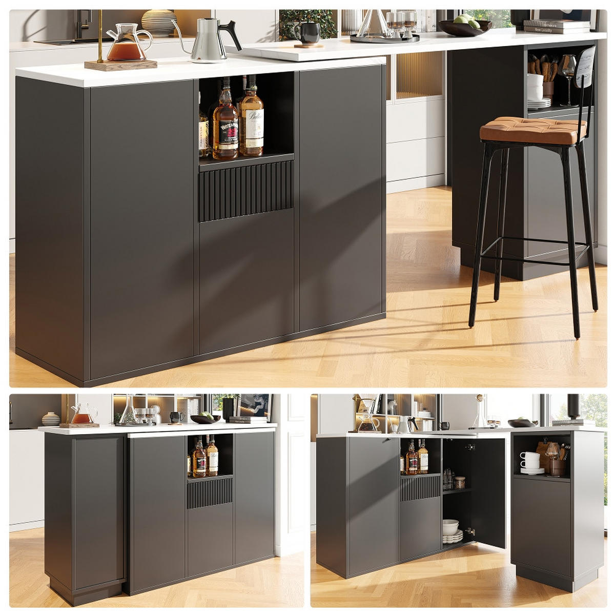 KÜCHENINSEL BARTISCH DREHBAR mit Stauraum Schwarz Marmor-Optik 210/30/100,9 cm - Schwarz, Kunststoff (30/100.9/210cm) - Rolipo