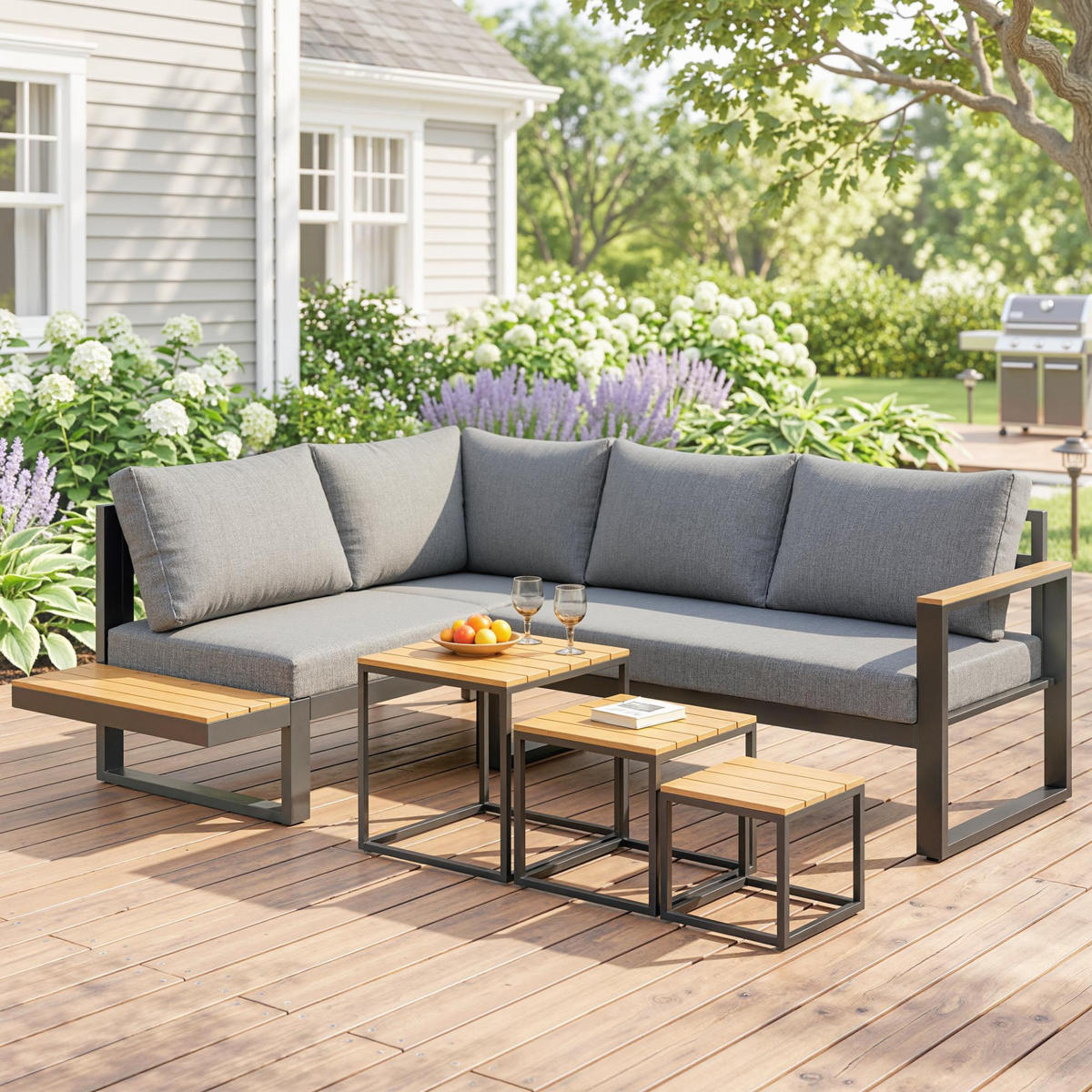 GARTENMÖBEL-SET, mit Ecksofa, Couchtisch, mit Sitzkissen, Aluminium, Kunststoff, Grau - Dunkelgrau, Kunststoff/Metall - Outsunny