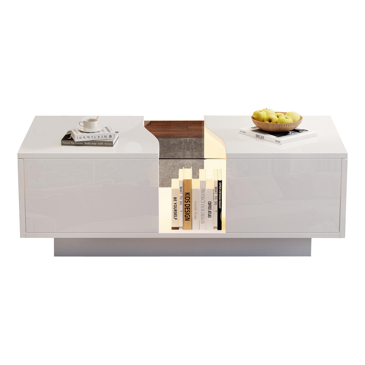 COUCHTISCH 100/50/35 cm Weiß Hochglanz mit 2 Schubladen und LED-Beleuchtung - Weiß, Holzwerkstoff (100/50/35cm) - OKWISH