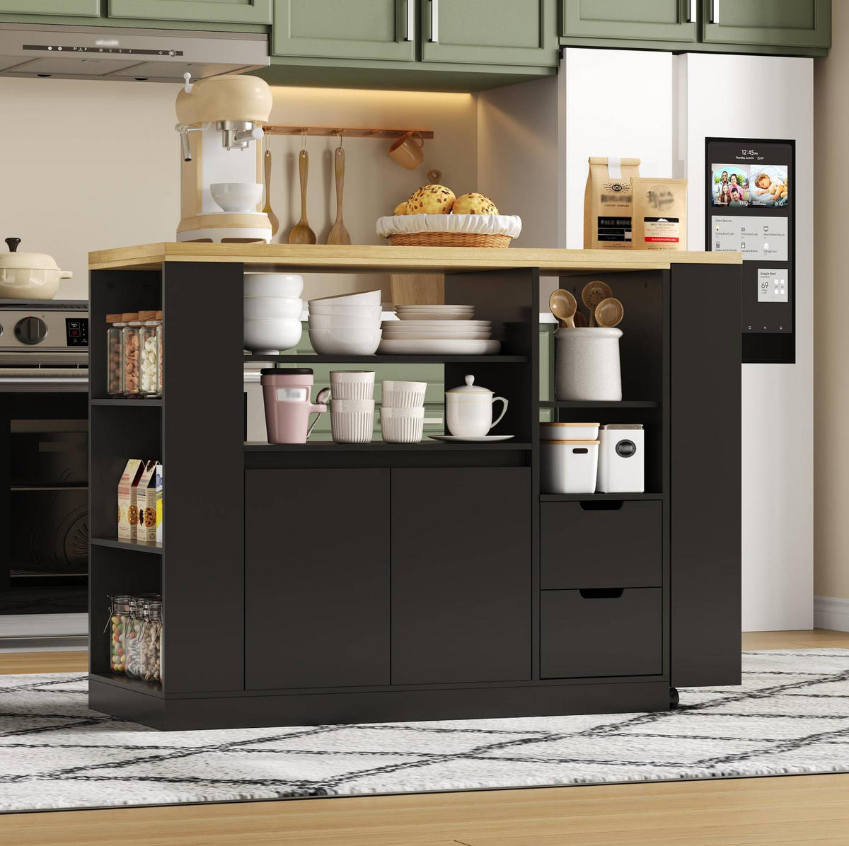 KÜCHENINSEL 115/50/92 cm mit dreh- und ausziehbarer Arbeitsplatte, MDF, viel Stauraum, Schwarz/Natur - Schwarz, Holzwerkstoff (115/92/50cm) - Redom
