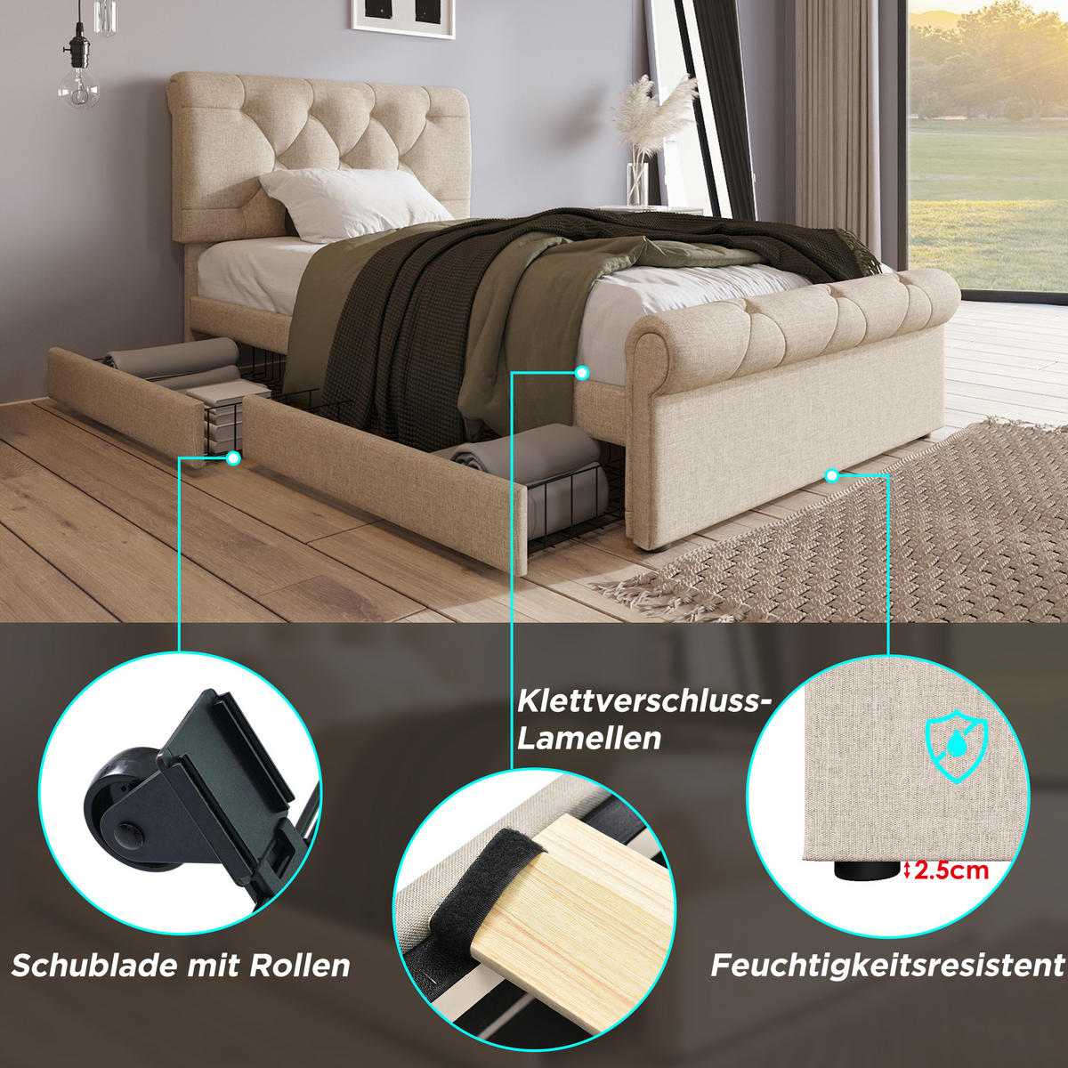 POLSTERBETT 90/200 cm in Natur Leinen mit 2 Schubladen und verstellbarem Kopfteil - Naturfarben, Holzwerkstoff/Textil (90/200cm) - WISHDOR