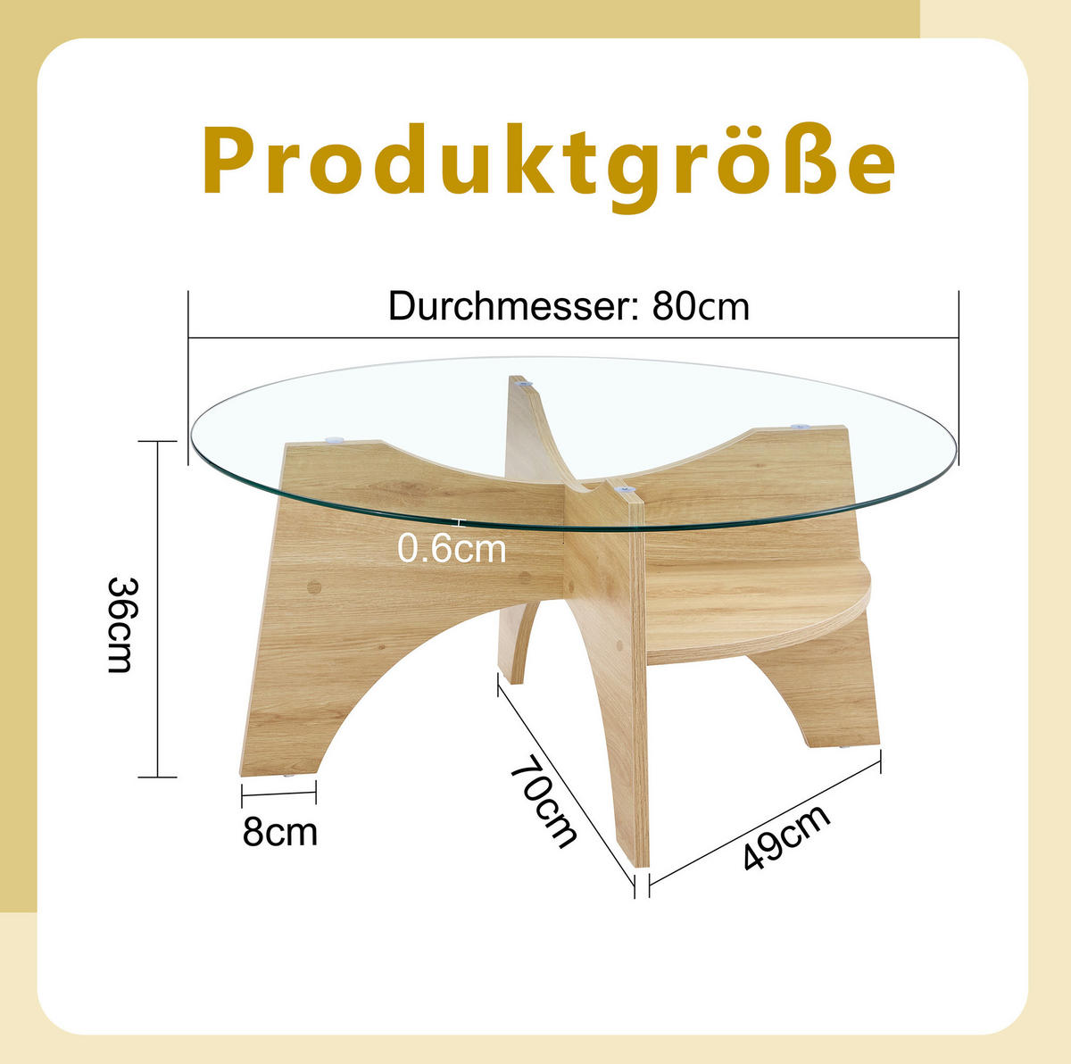 KONFERENČNÍ stolek 80/80/36 cm transparentní v barvě dřeva z MDF a skla s kulatou deskou - přírodní, kompozitní dřevo (80/80/36cm) - OKWISH