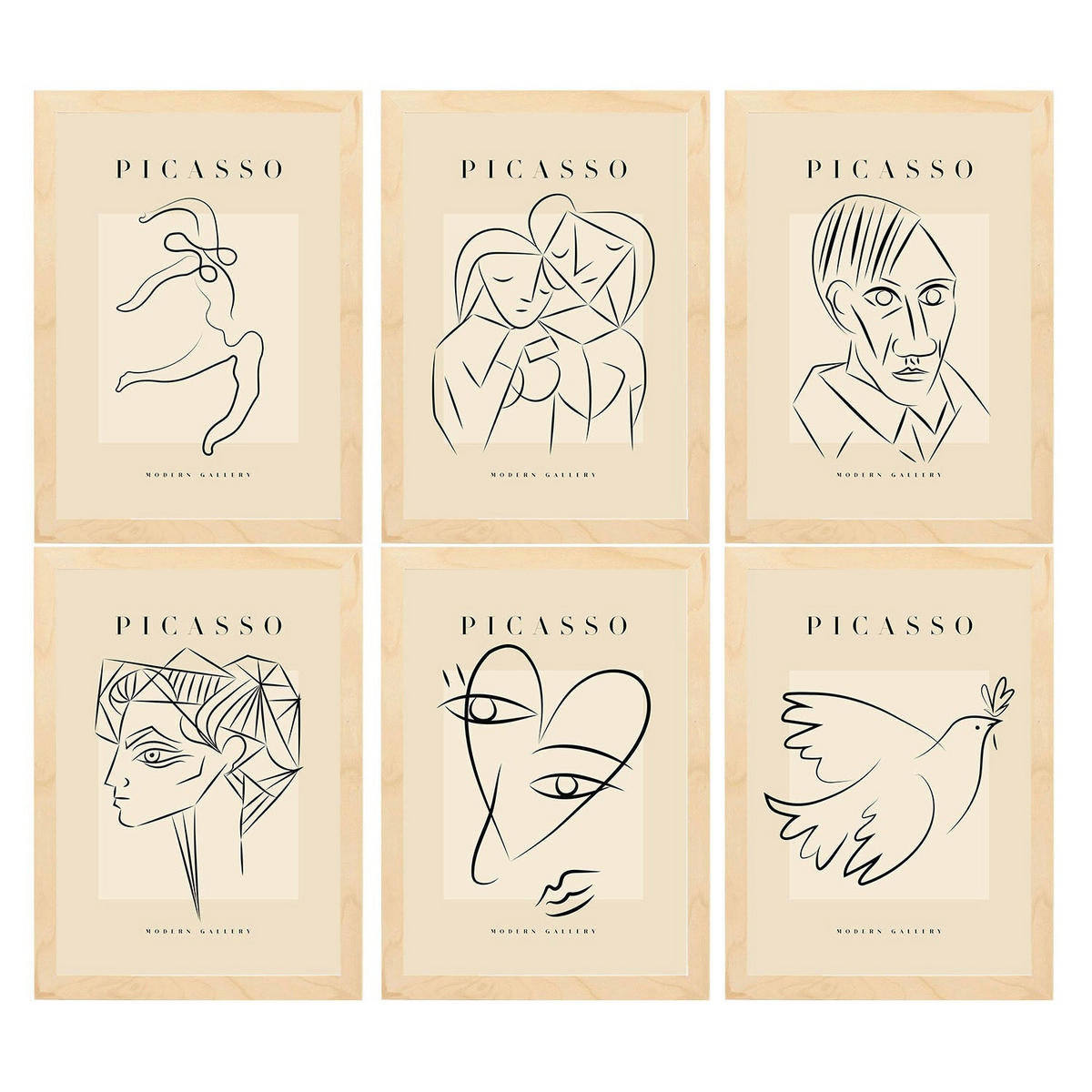 POSTER Set Mit 6 Illustrationen Von Pablo Picasso Harmonie A3 Rahmen Aus Hellem Holz - Beige, Papier (29/3cm) - Nacnic