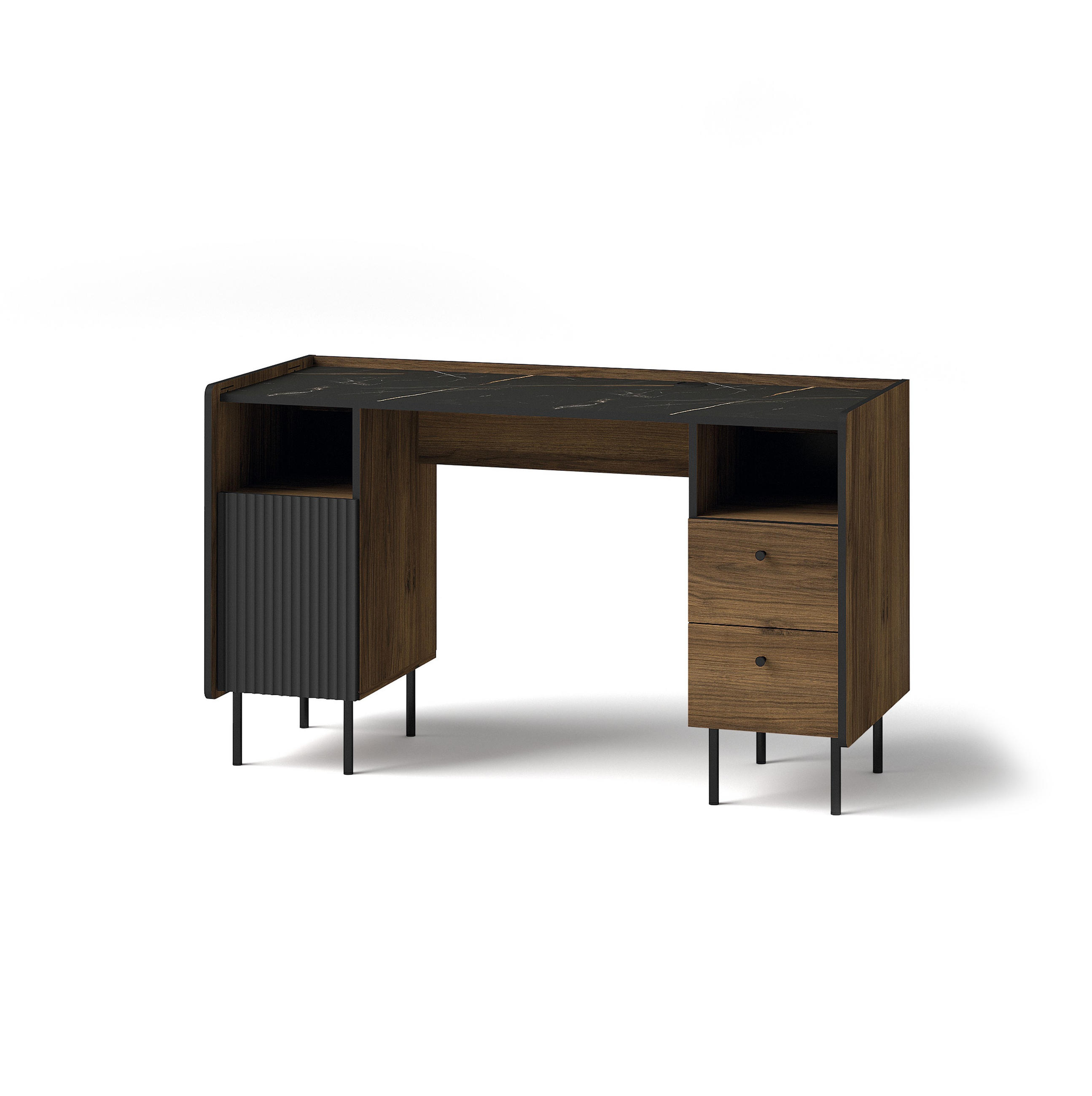 SCHREIBTISCH Prestigo Schwarz, Warmia Walnuss, mit Schubladen - Walnussfarben/Schwarz, Holzwerkstoff (55/135/79cm) - Bettso