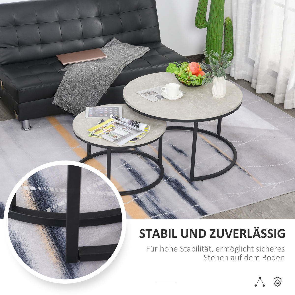 COUCHTISCH 2er-Set, Beistelltisch mit Metallgestell, stapelbar Sofatisch Grau - Hellgrau/Schwarz, Kunststoff (78.5/78.5/46.5cm) - HOMCOM