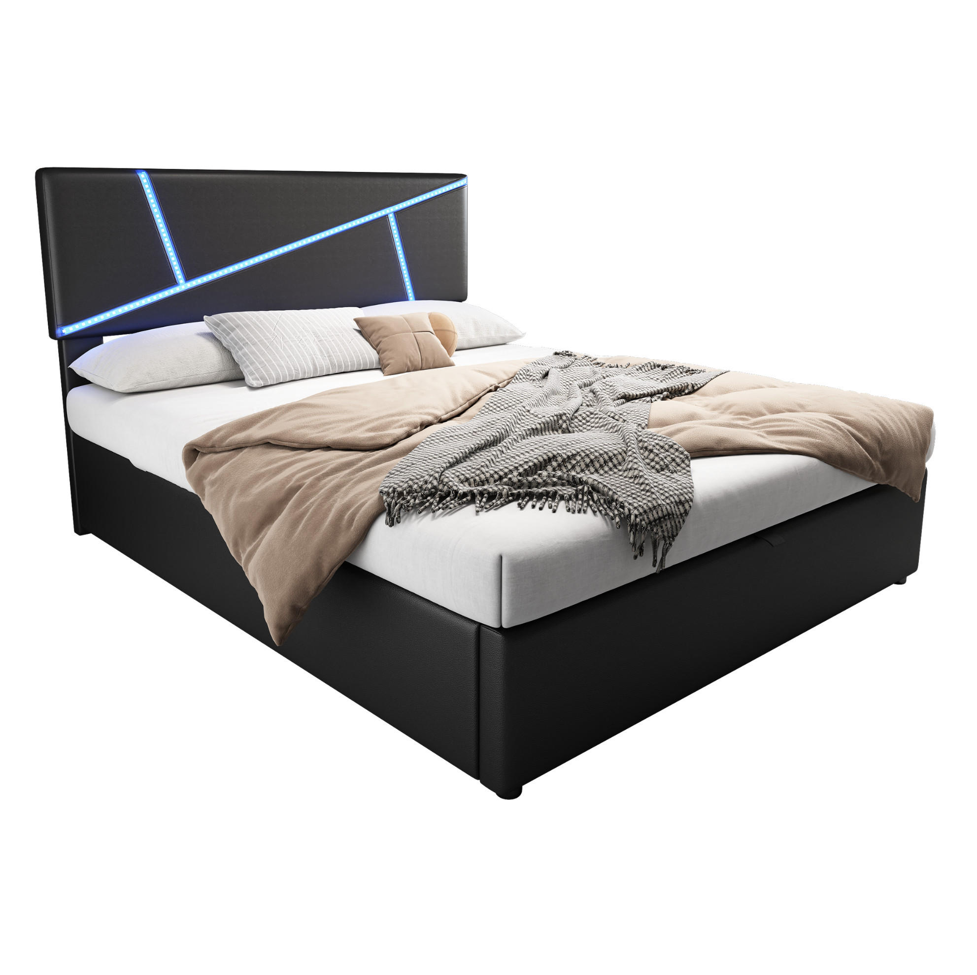 Modfu ČALOUNĚNÁ postel z PU 140x200 cm černá s LED osvětlením, hydraulickým úložným prostorem a lamelovým roštem
