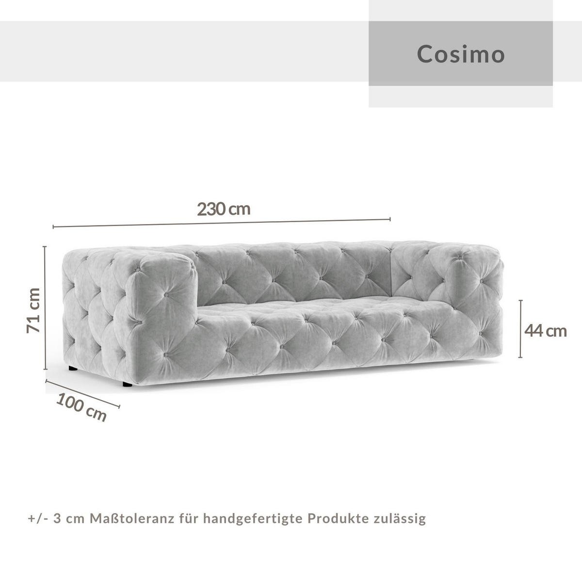 3-SITZER-SOFA Cosimo Hellgrau Samtstoff - Hellgrau/Schwarz, Holz/Holzwerkstoff (230/71/100cm) - Maison de Reve