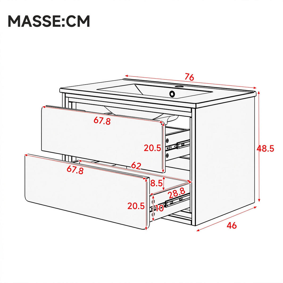 WASCHTISCHKOMBI 76/46/48.5 cm Weiß mit LED, Waschtisch und 2 Schubladen, ohne Wasserhahn - Weiß, Holz/Holzwerkstoff (46/58.5/76cm) - Oxeza