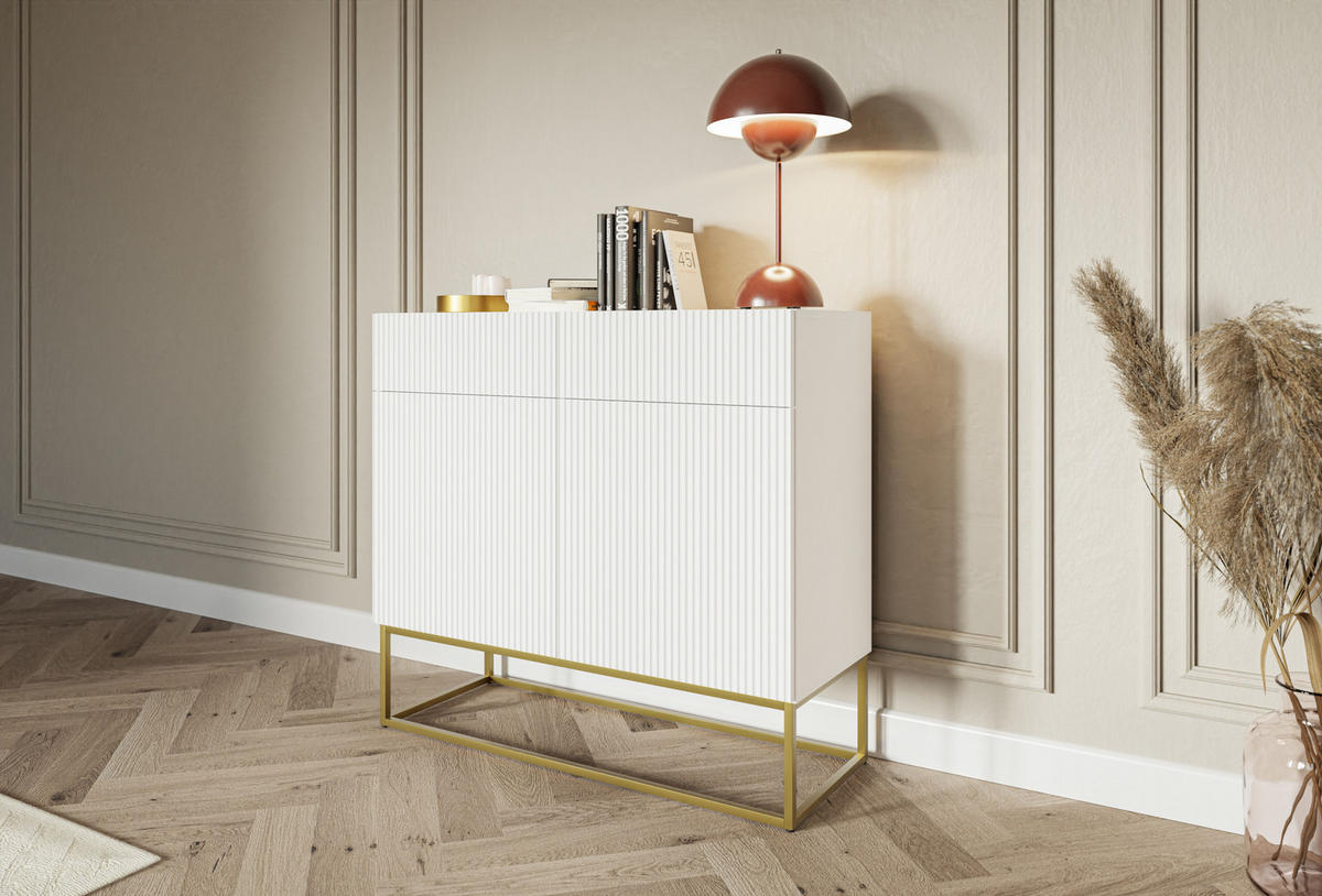 KOMMODE Veldio Weiß mit goldenem Metallgestell 100 cm - Goldfarben/Weiß, Holzwerkstoff/Metall (100/90/38cm) - Selsey