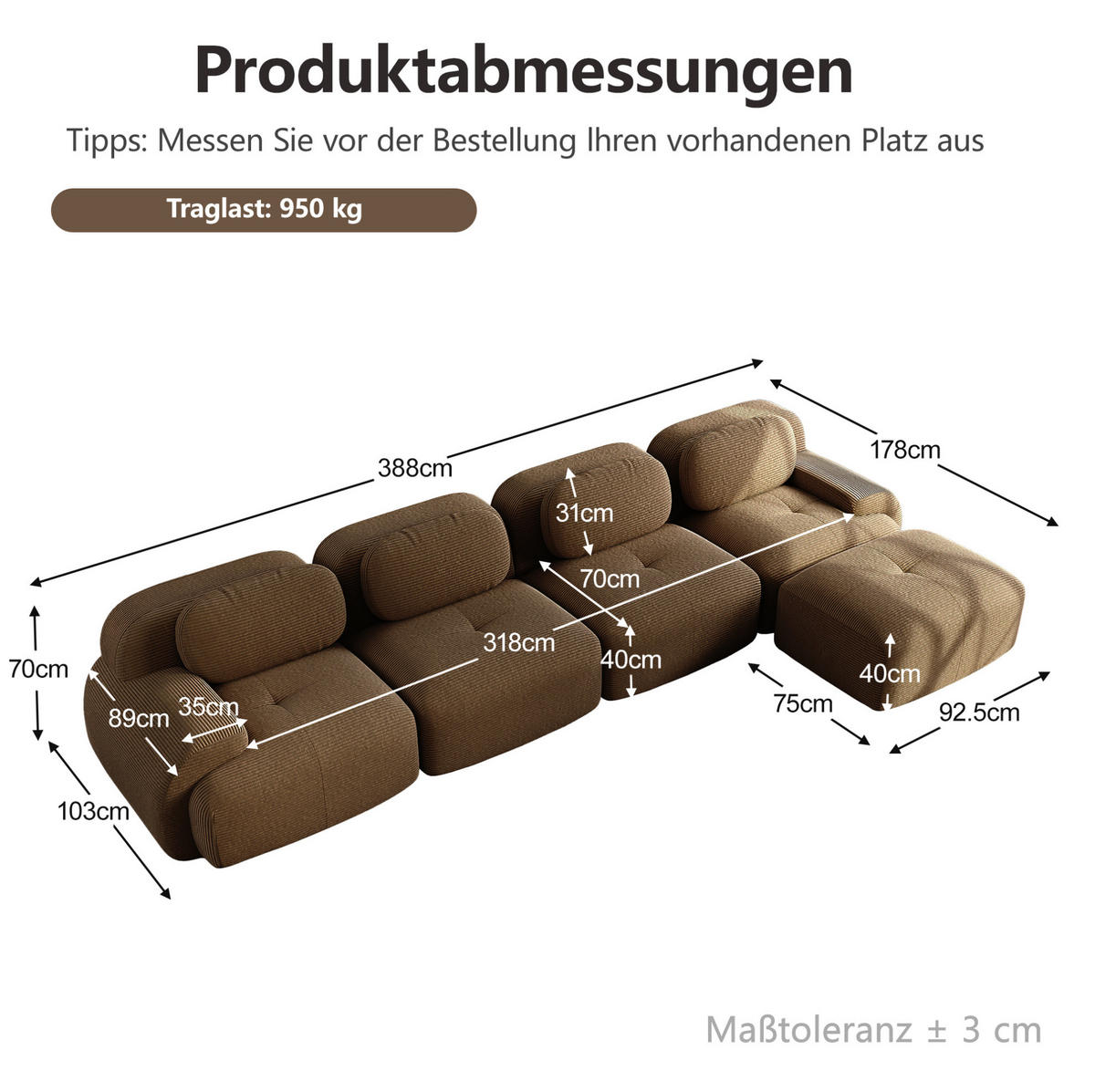 ECKSOFA 4-Sitzer in Braun aus Cord mit modularer Form und rutschfester Unterseite - Braun, Textil (178/388cm) - Flora Grace
