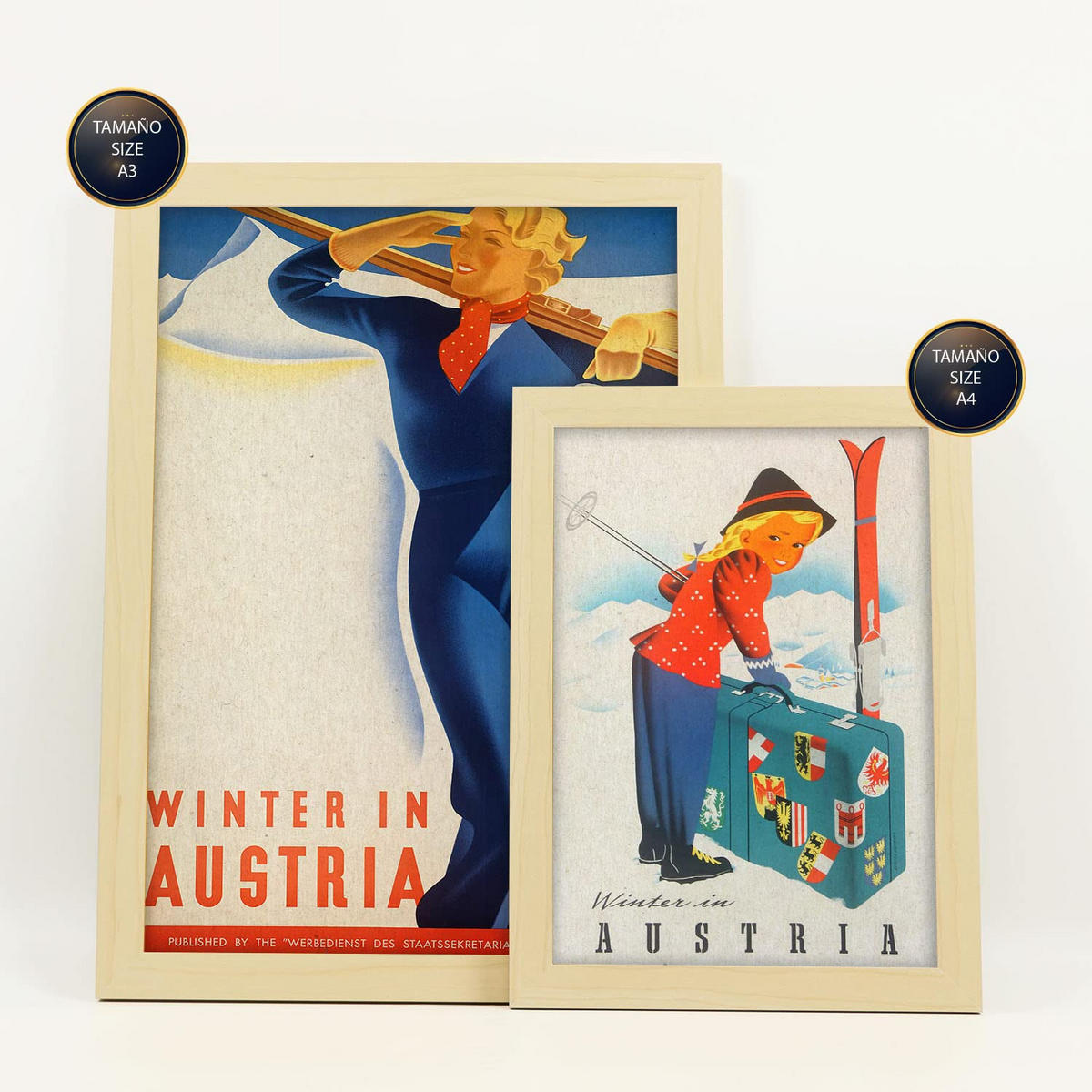 POSTER Set Mit 6 Vintage Österreich Größe A3 & A4 Rahmen aus hellem Holz - Beige, Papier (29.7/1cm) - Nacnic