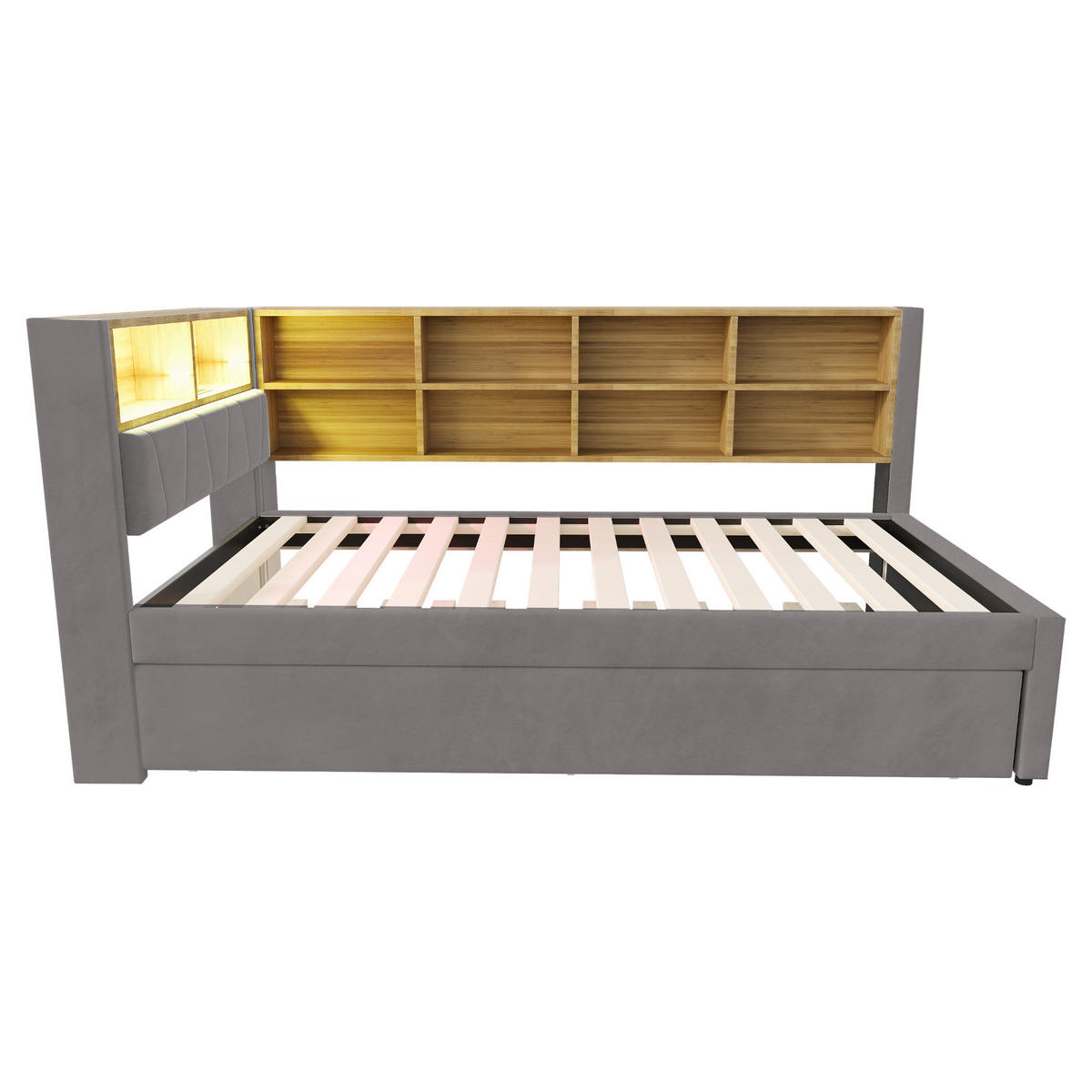 BETT mit Ausziehbett 90/190 cm Dunkelgrau Flanell mit LED-Leuchten & Ladeanschlüssen - Dunkelgrau, Textil (90/190cm) - OKWISH