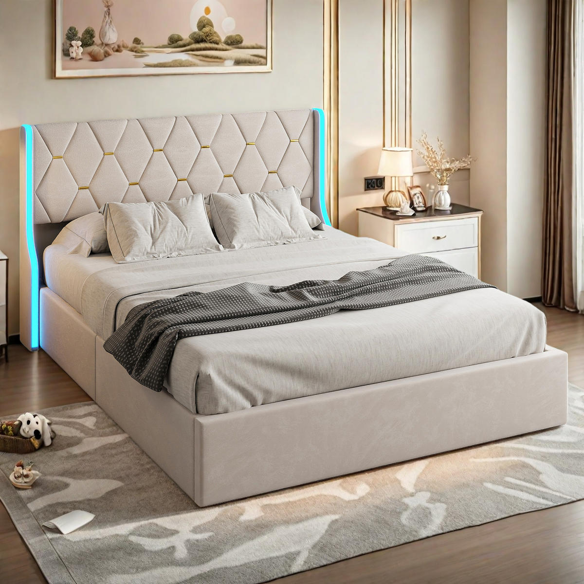 POLSTERBETT 140 × 190 cm, Kopfteil mit LED-Lichtleiste und hydraulischem Stauraum,Doppelbett, beige, Samtbezug. - Beige, Holz (140/200cm) - WoodenAura
