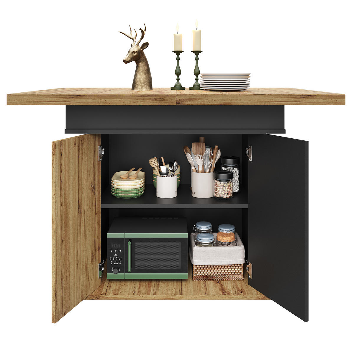 ESSTISCH 110-140x80x75 cm in Natur und Schwarz aus MDF mit Stauraum ausziehbar - Naturfarben, Holzwerkstoff (140/80/75cm) - Modfu