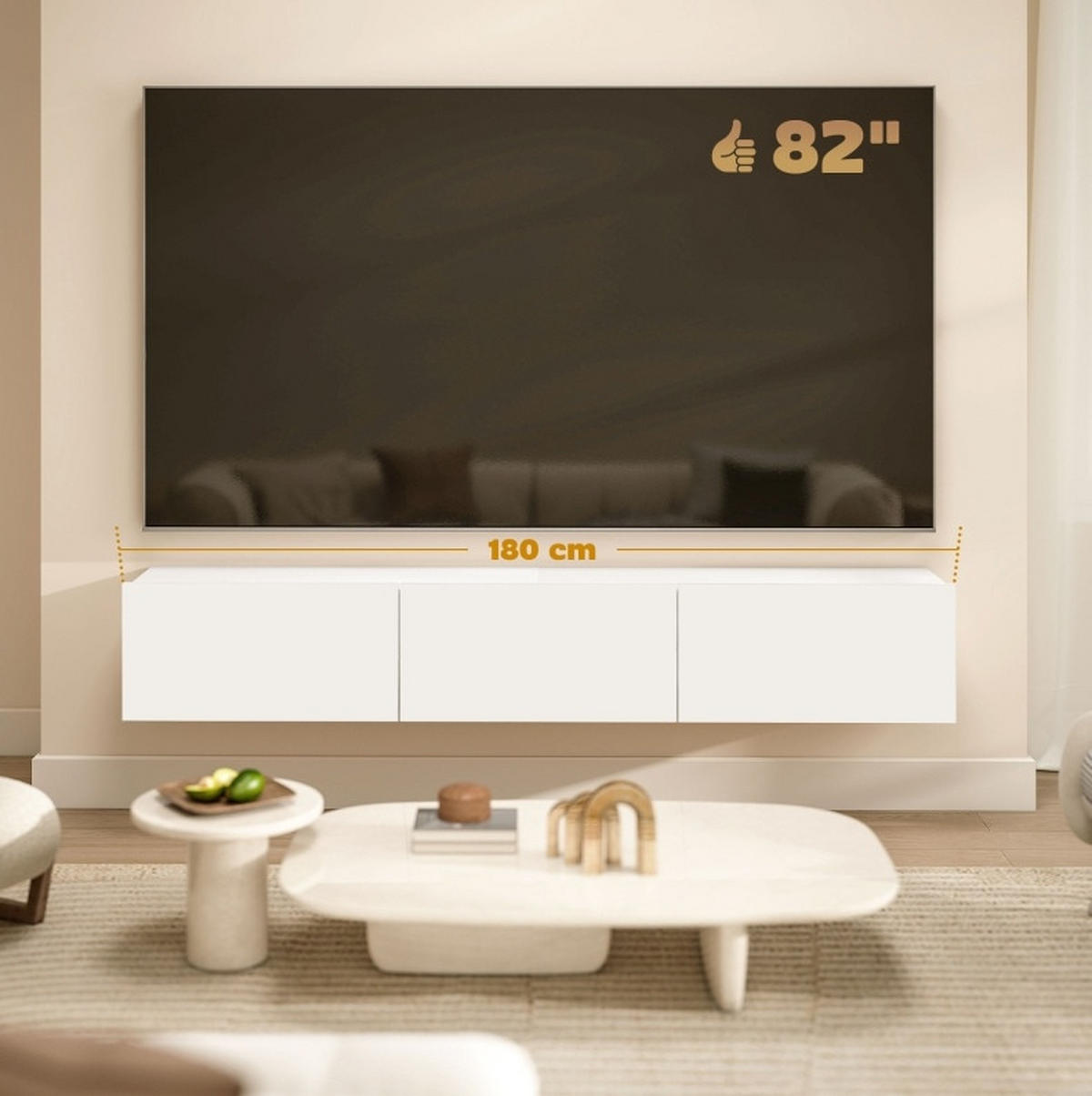 TV-LOWBOARD aus Holz 180x32x30 cm cm Weiß zur Wandmontage mit 3 Klappen und Soft-Close - Weiß, Holzwerkstoff (180/29.8/31.5cm) - Modfu