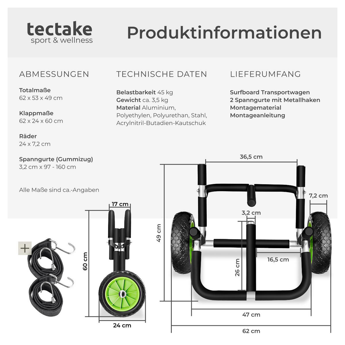 SURFBOARD TRANSPORTWAGEN Wavewheel,inkl. 2 Sicherungsgurte, 62 x 53 x 49 cm,schwarz/grün - Schwarz/Grün, Metall (53/62/0.49cm) - tectake