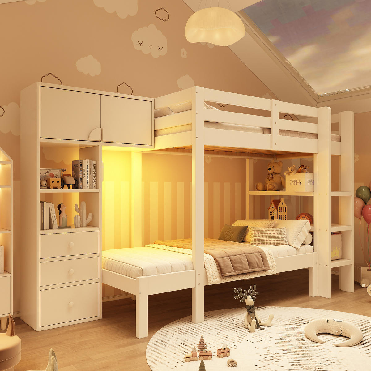 ETAGENBETT 90/200 cm aus Massivholz und MDF mit Nachtlicht und Stauraum Weiß - Weiß, Metall (90/200cm) - Modenvie