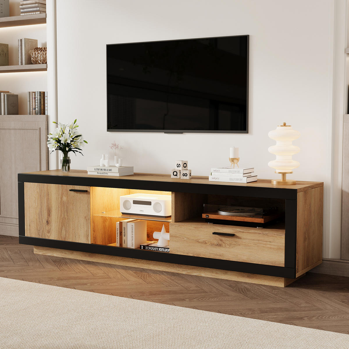 TV-LOWBOARD mit LED-Beleuchtung 160 cm Schwarz/Eiche - Schwarz, Holzwerkstoff (40/50/160cm) - Beauniv