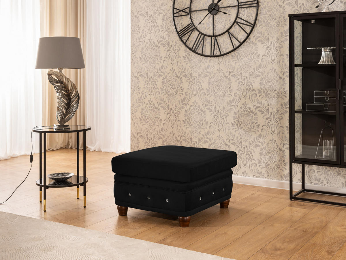 HOCKER Chesterfield Cleo Blink Schwarz Samt mit Kristallsteppung und braunen Massivholzfüßen - Schwarz/Braun, Holz/Textil (75/45/70cm) - S-Style Möbel