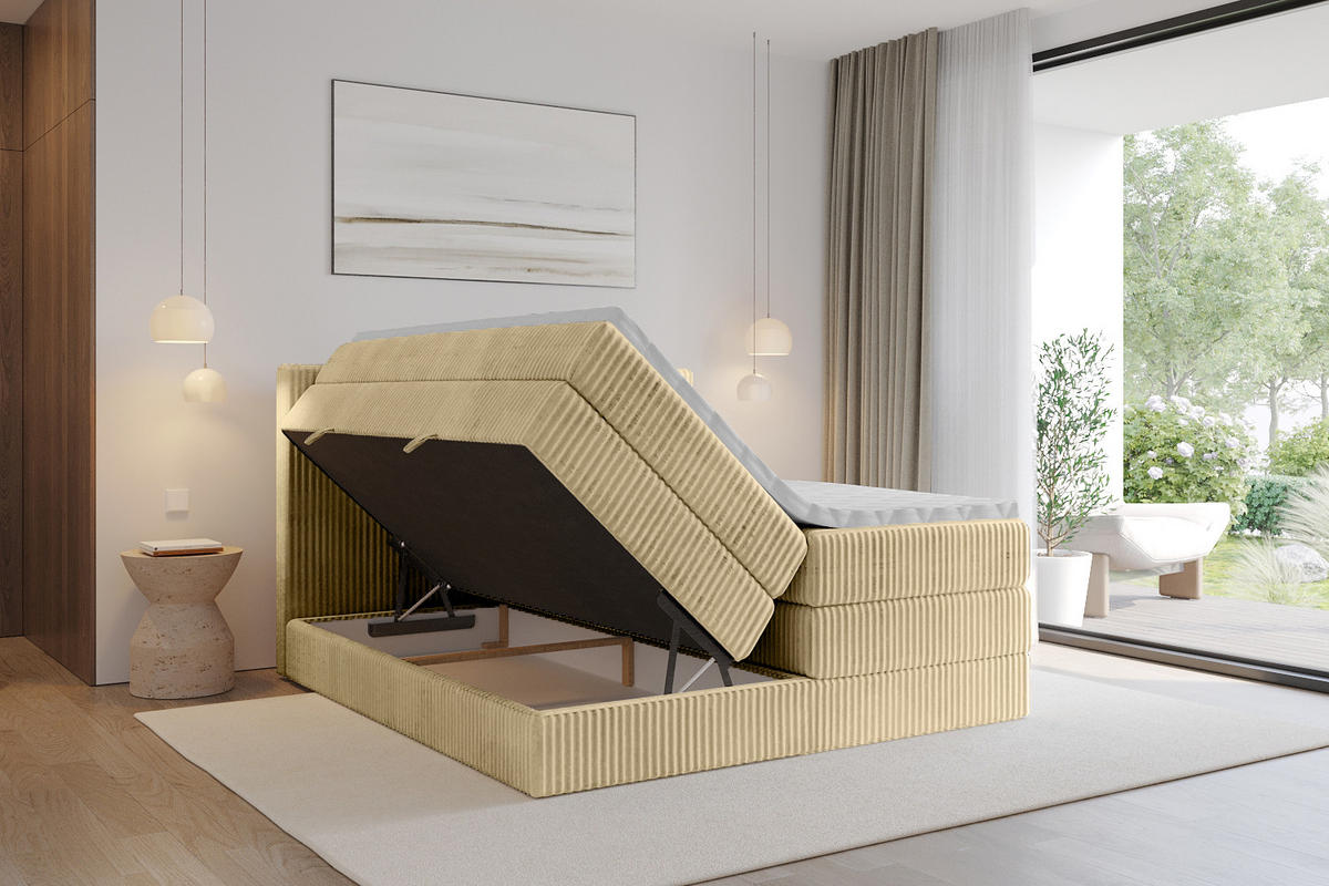 BOXSPRINGBETT mit Matratze H3|H4 und Lattenrost - TOLO KING 140x200 Cord - Ecru - Ecru, Holzwerkstoff (140/200cm) - ALTDECOR