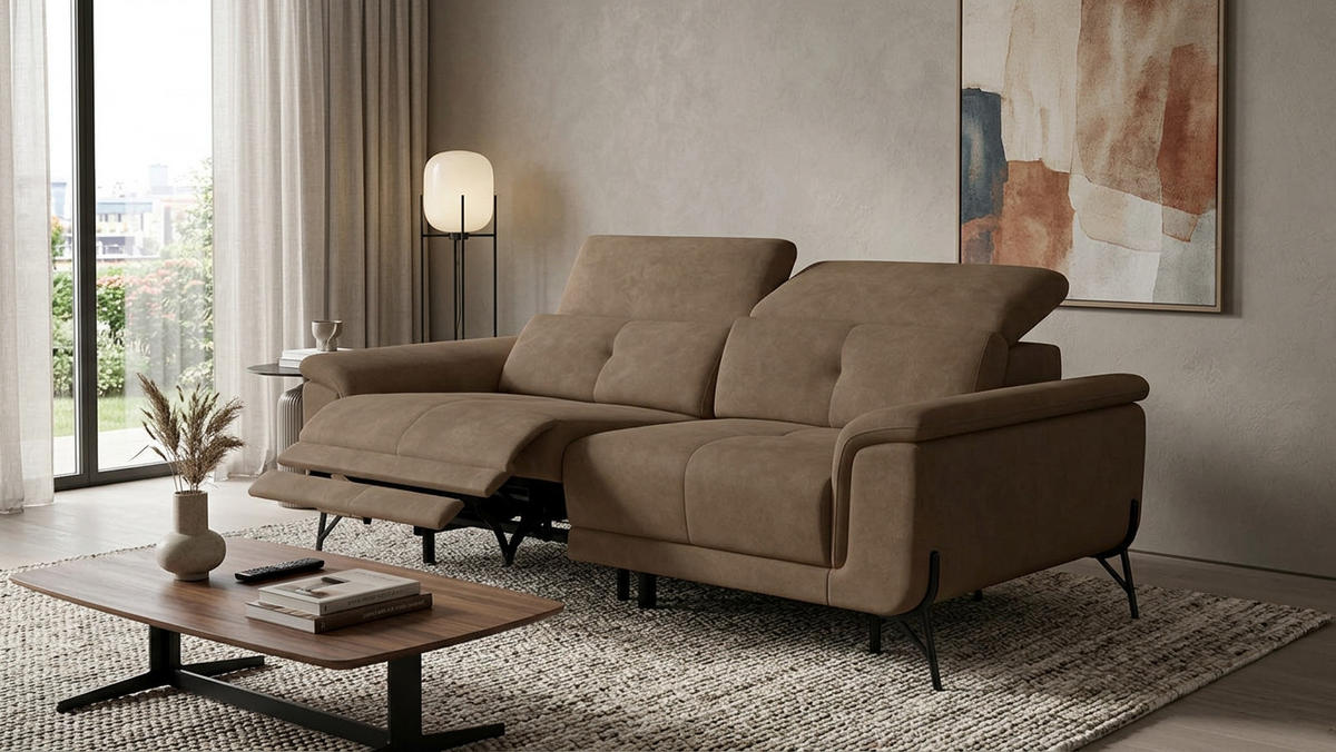 SOFA RELAX AVENA 3-Sitzer, brauner Veloursstoff - Schwarz/Braun, Holz/Textil (204/80/108cm) - Wozimo