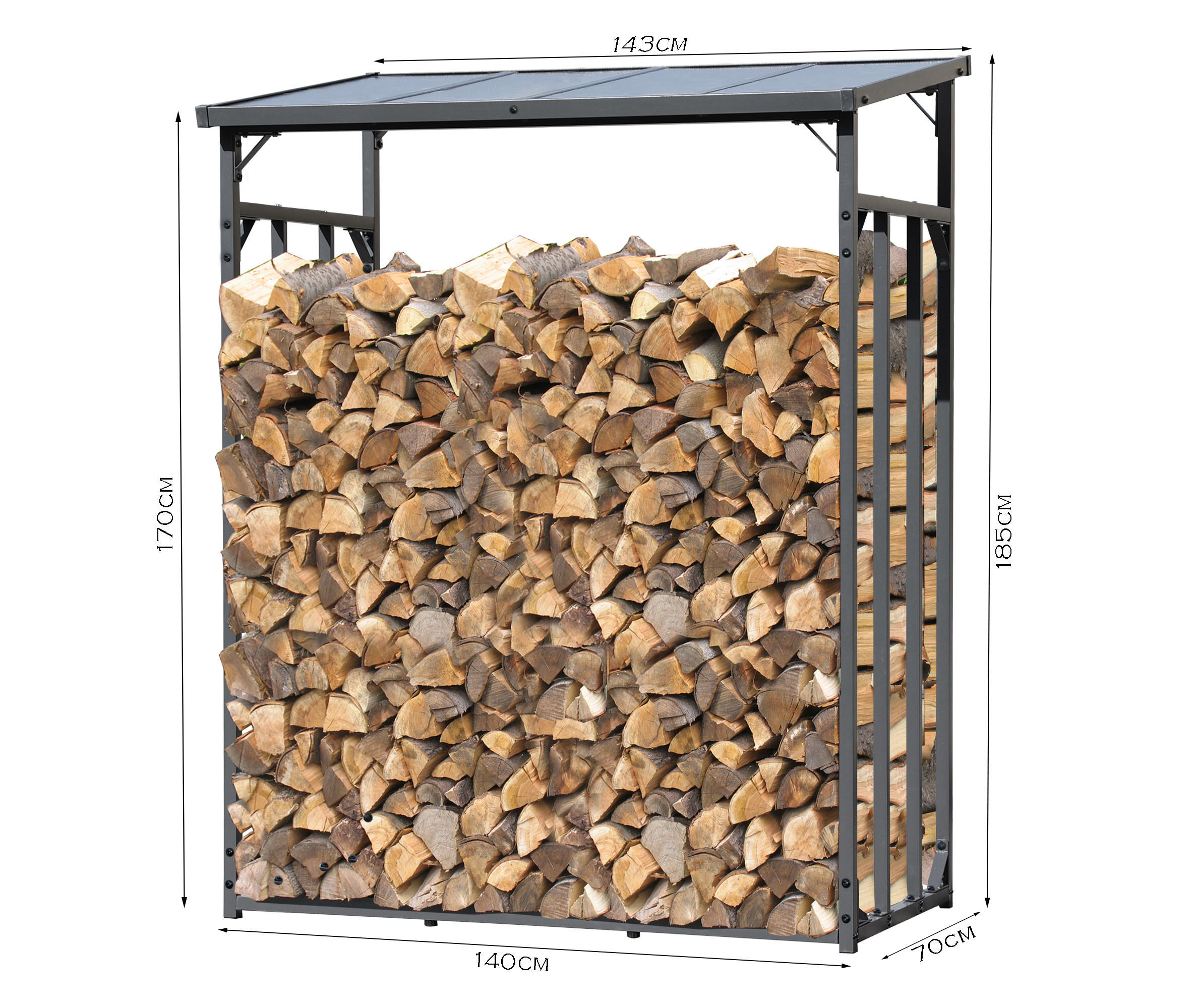 KAMINHOLZREGAL Außen Promo 143x70x185 cm Metall Anthrazit mit Wetterschutz 1,8 m³ / 2,5 SRM - Anthrazit/Schwarz, Metall (143/185/70cm) - QUICK STAR