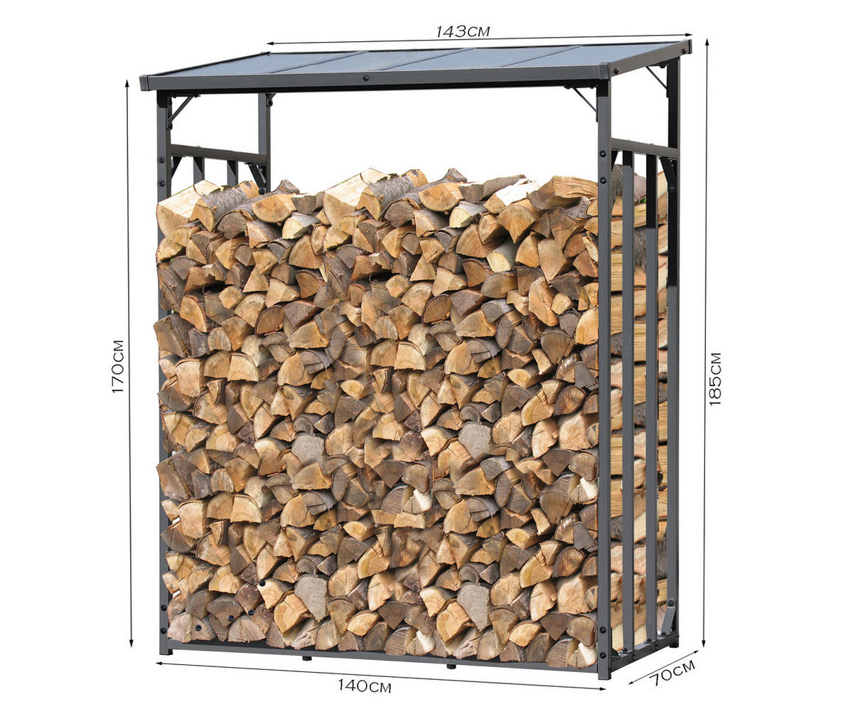 KAMINHOLZREGAL Außen Promo 143x70x185 cm Metall Anthrazit mit Wetterschutz 1,8 m³ / 2,5 SRM - Anthrazit/Schwarz, Metall (143/185/70cm) - QUICK STAR