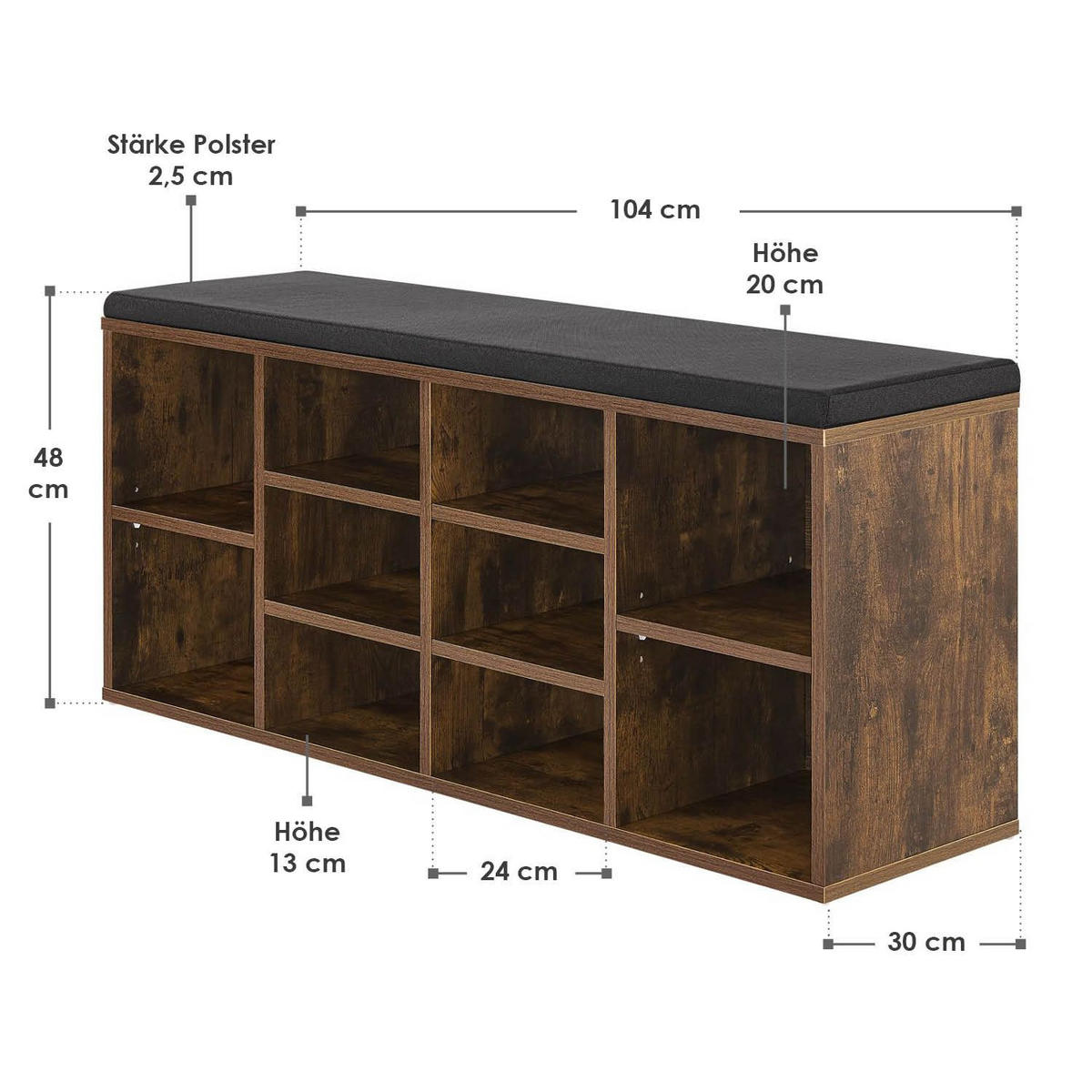 SCHUHREGAL mit Polsterung & 10 Fächern Antikbraun 104 x 30 x 48 cm - Braun, Holz (30/48/104cm) - Juskys