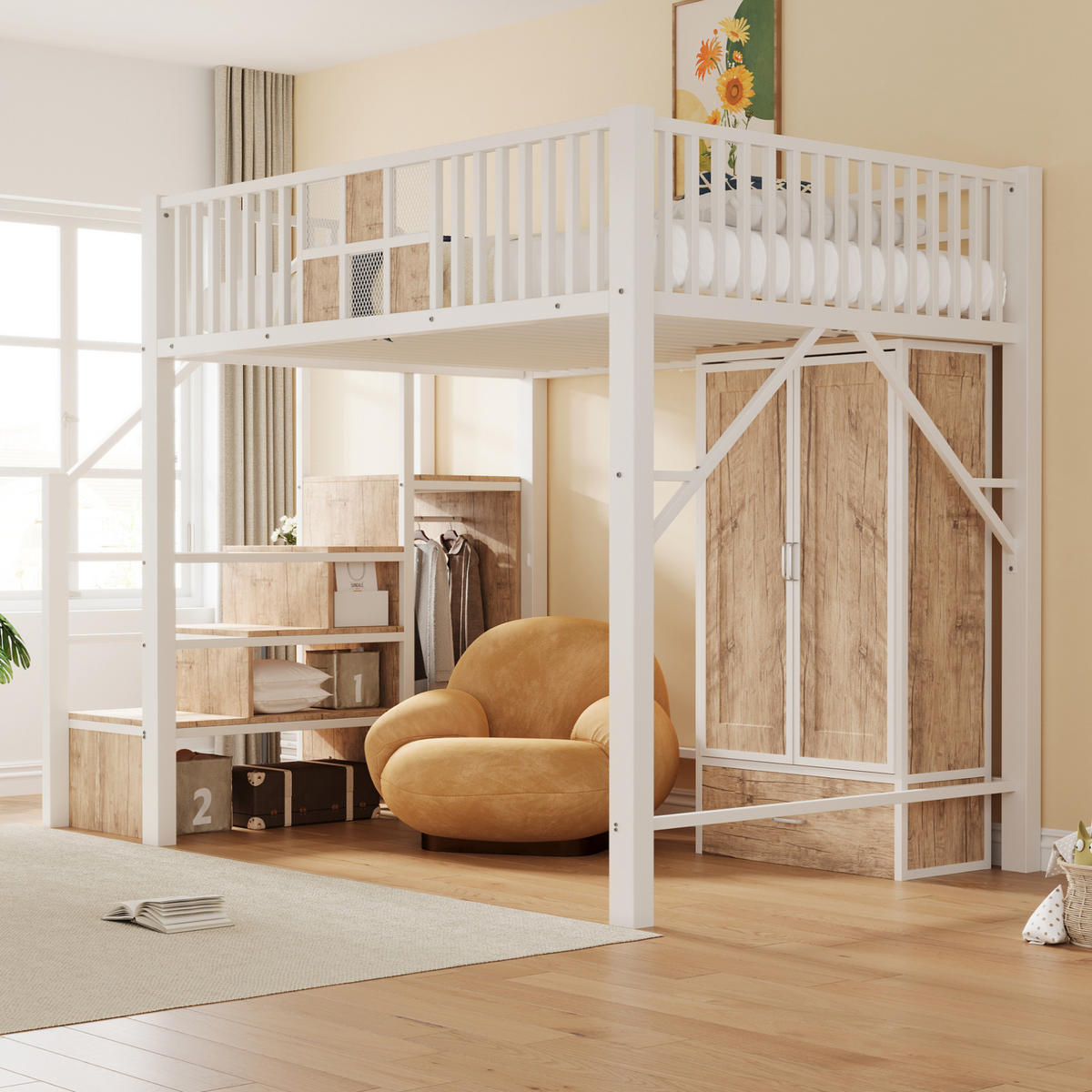 HOCHBETT 140/200 cm aus Metall und Holz mit Kleiderschrank, Weiß - Weiß, Metall (140/200cm) - OKMYHOME