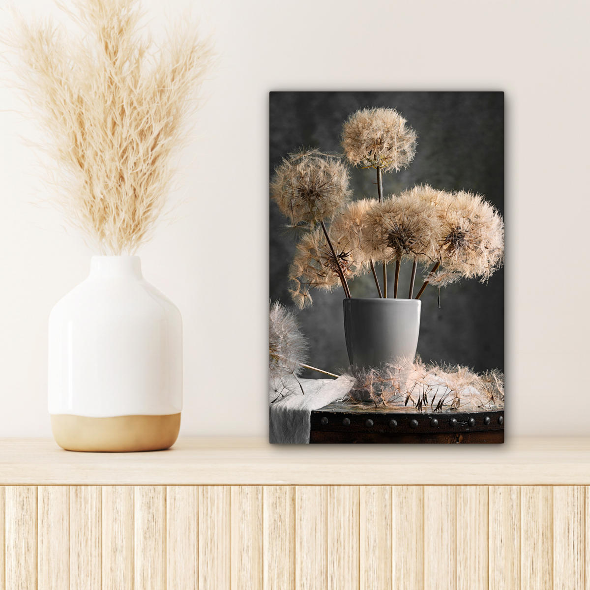 LEINWANDBILD Blumensamen - Löwenzahn - Vase - Stilleben - Blumenstrauß Deko Wohnzimmer 20x30 cm - Dunkelgrau, Textil (20/30cm) - MuchoWow