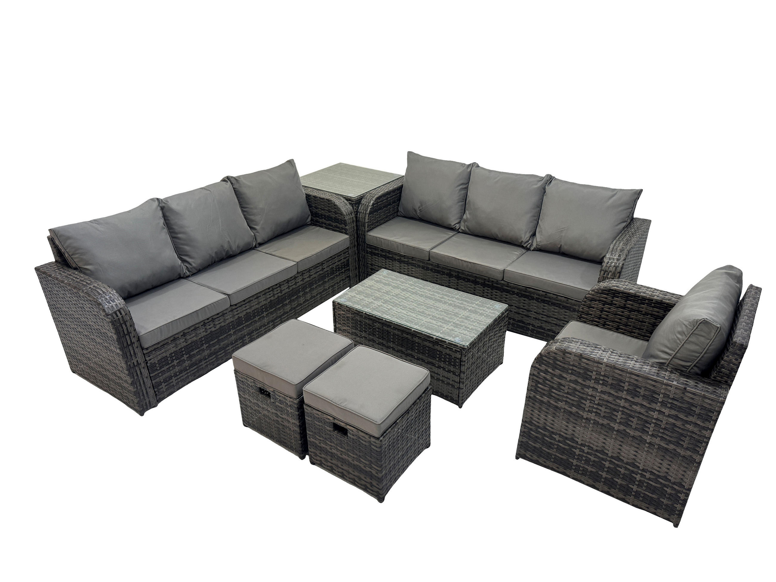 GARTENMÖBEL-SET mit Kissen Polyrattan Dunkelgrau 9-Sitzer - Dunkelgrau/Grau, Glas/Kunststoff - Fimous