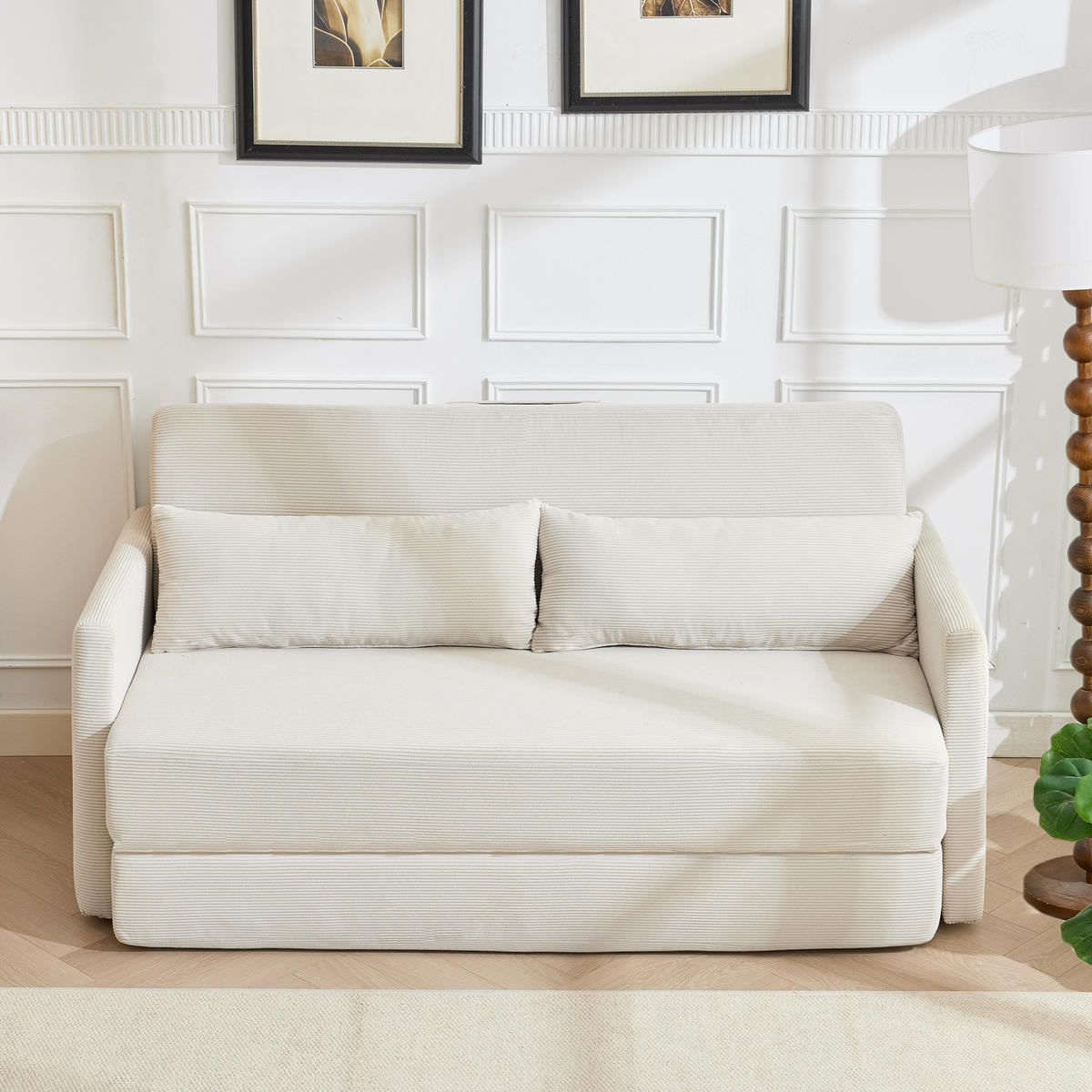 2-SITZER SCHLAFSOFA 2-Sitzer Cord Beige mit 2 Lendenkissen und Magazintaschen - Beige, Holzwerkstoff/Textil (165/67/212cm) - WISHDOR
