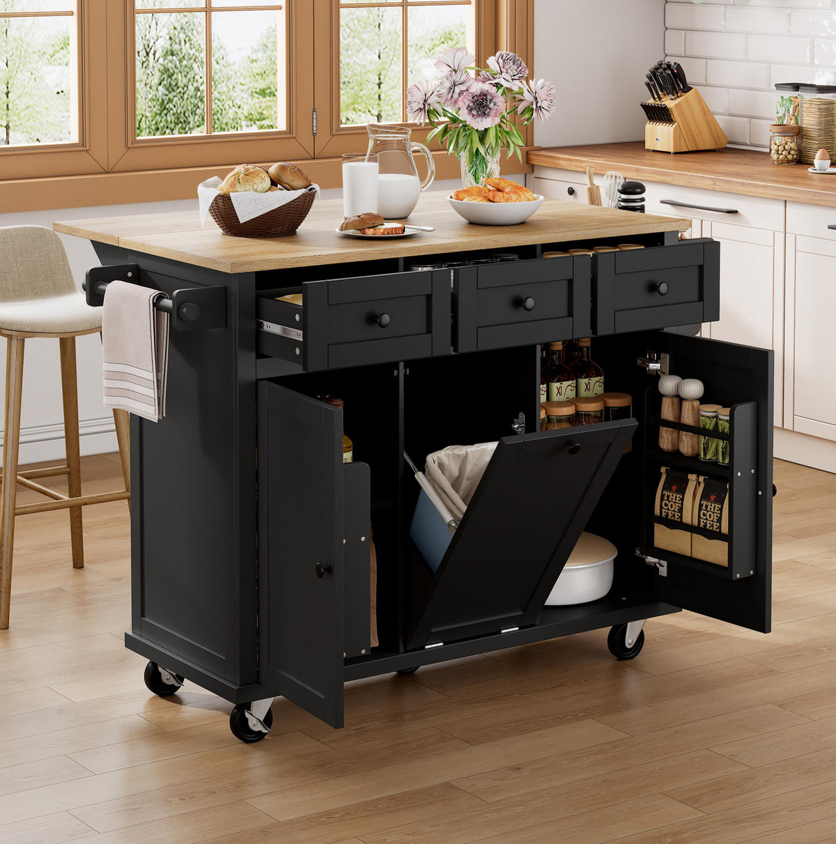 KÜCHENINSEL 112/46,2-76,2/92,7 cm aus MDF mit ausziehbarer Arbeitsplatte, Mülleimerfach und Rollen, Schwarz/Natur - Schwarz, Holzwerkstoff (112/92.7/76.2cm) - Redom