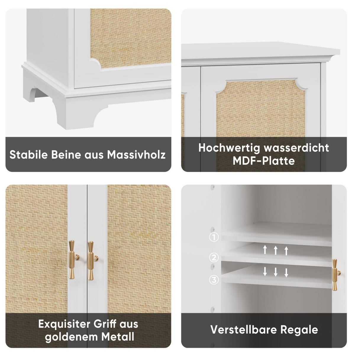 BADEZIMMERSCHRÄNKE 80x38x86 cm Weiß aus Rattan & Holzwerkstoff mit 2 Türen & Massivholzbeinen - Weiß, Holzwerkstoff (38/86/80cm) - Modfu