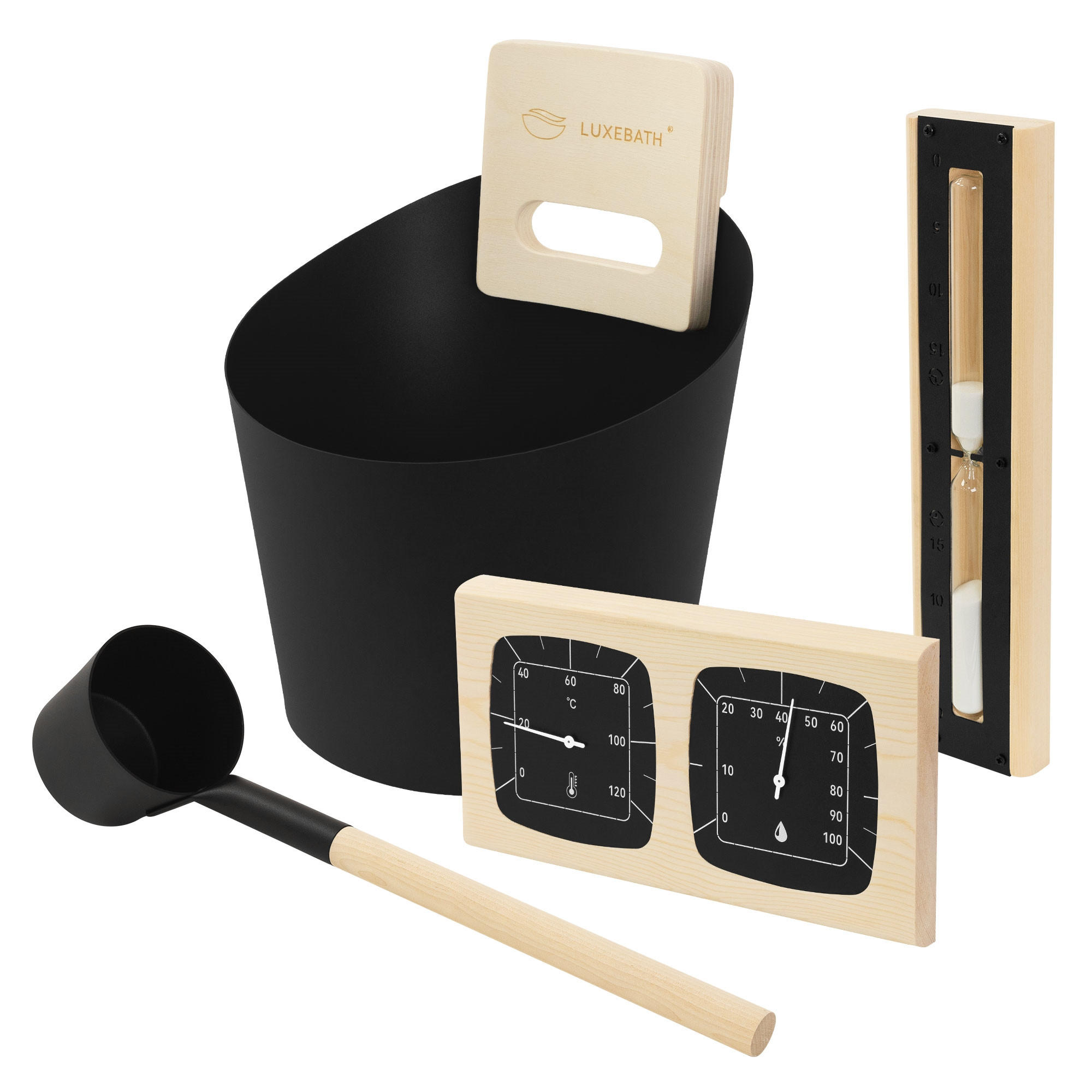 SAUNAZUBEHÖR-SET 4-teilig aus Aluminium - Schwarz, Metall (25/31/32.5cm) - LuxeBath