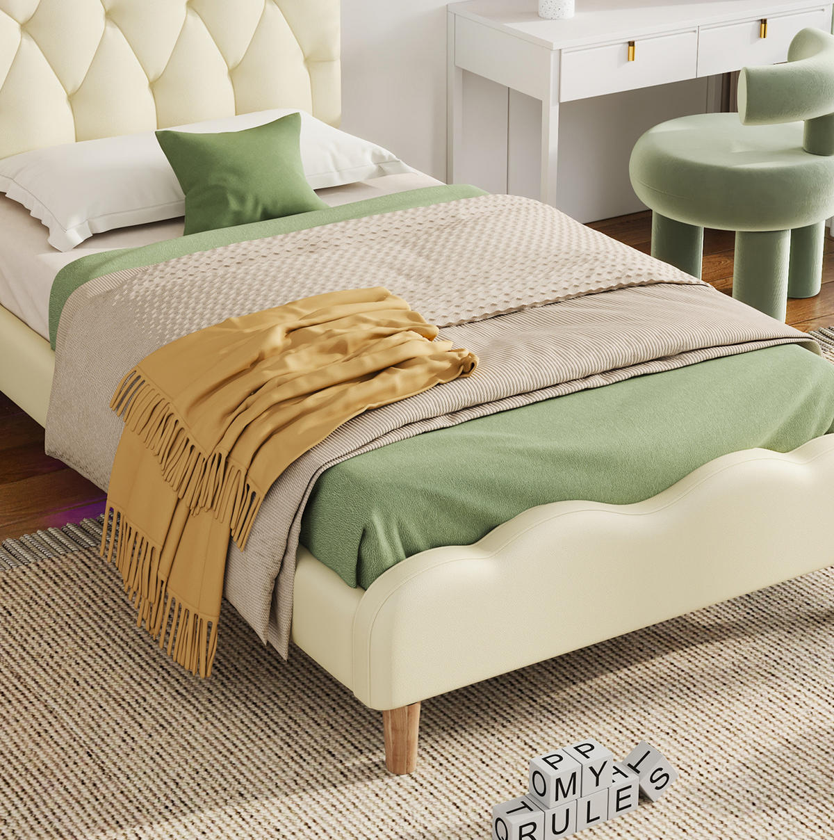POLSTERBETT mit LED-Beleuchtung 90/200 cm in Beige mit gepolstertem Kopfteil - Beige, Kunststoff (90/200cm) - BEAOK