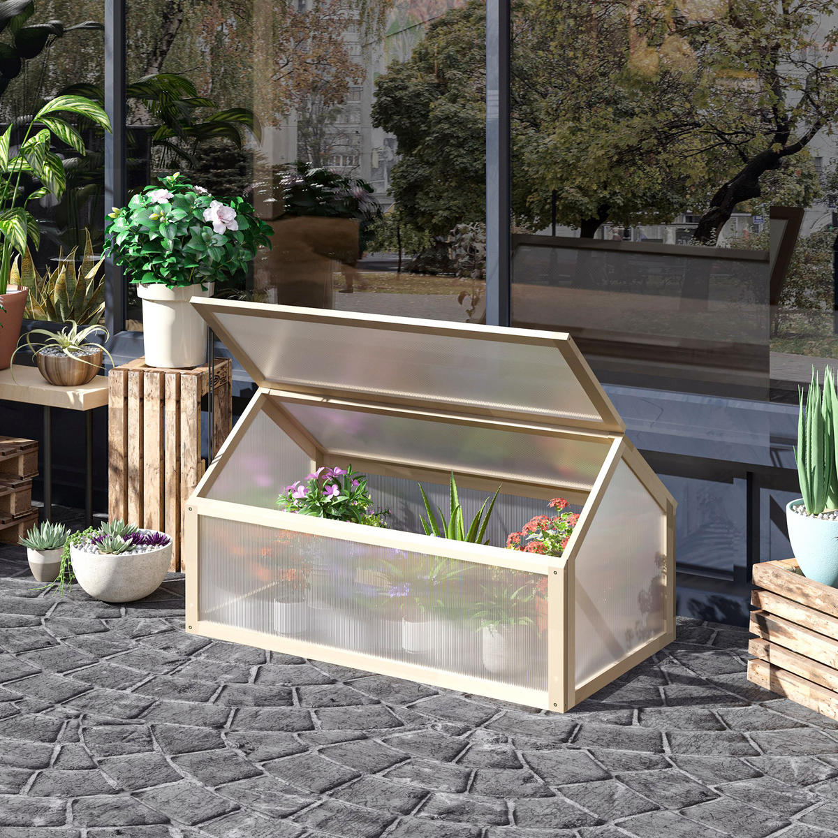 MINI-GEWÄCHSHAUS DE-05858 kompakt aus Holz 90/52/49,5 cm Natur - Naturfarben, Holz/Kunststoff (52/49.5/90cm) - ComfortXL