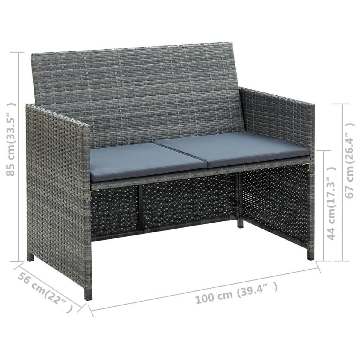 LOUNGESOFA mit Polstern, 100/56/85 cm, aus Poly Rattan, Grau - Blau/Grau, Kunststoff/Textil (100/77/56cm) - vidaXL