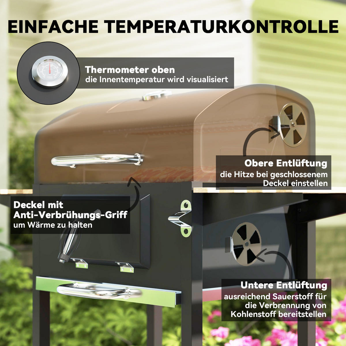HOLZKOHLEGRILL DE-10325 höhenverstellbare Kohlenpfanne Schwarz - Schwarz, Metall (58/107/112cm) - ComfortXL