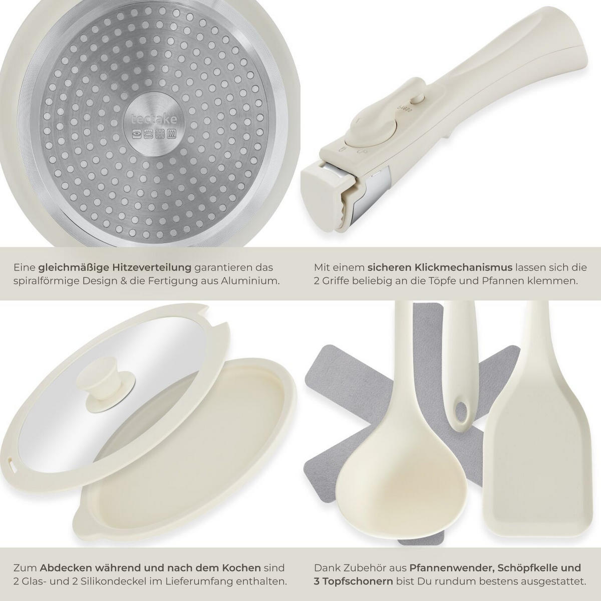 KOCHTOPFSET Genua,2 Küchenwerkzeuge und 3 Topfschoner aus Filz,weiß - Weiß, Metall - tectake