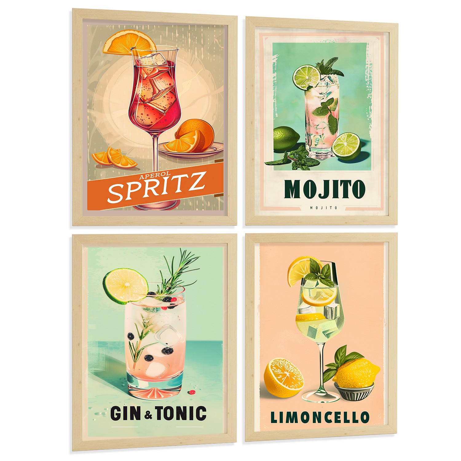POSTER 4er Set Cocktail-Wandbilder Mojito Gin Tonic und Limoncello Vintage Retro Küche Bar Deko Rahmenlos A4 - Klar, Papier (29.7/1/21cm) - Nacnic