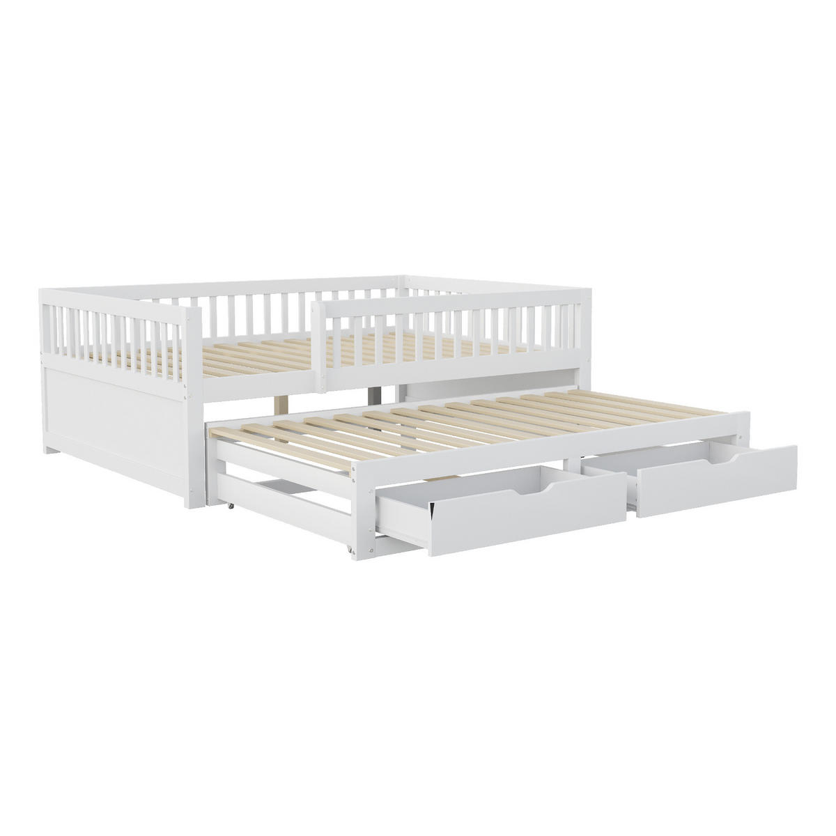AUSZIEHBETT 140/200 cm DE-01439, in Weiß, mit Sicherheitsgitter und 2 Schubladen - Weiß, Holz (140/200cm) - ComfortXL