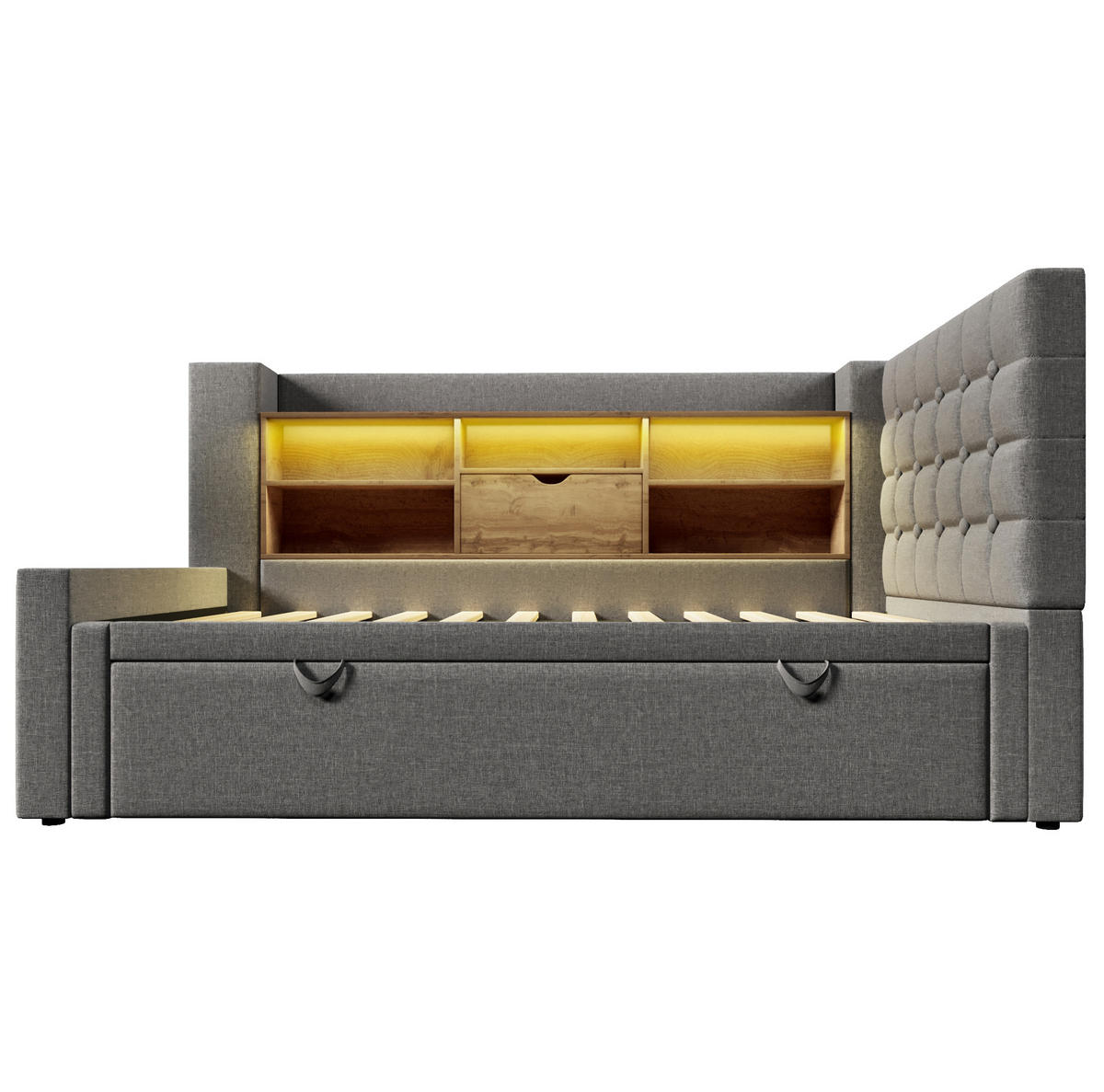 BETT mit Ausziehbett und LED 90x200 cm Leinen Grau - Grau, Metall (90/200cm) - Meubliv
