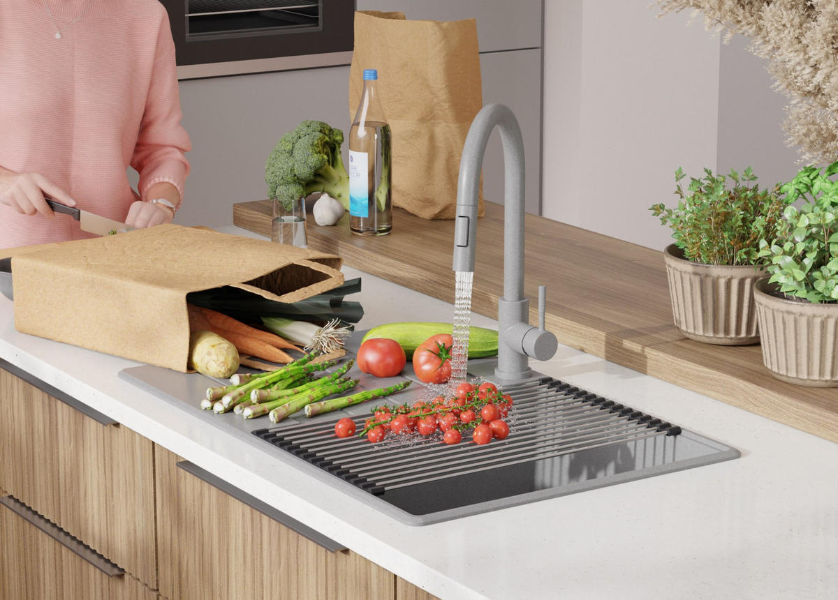 SPÜLBECKEN Kopenhagen, 2-er set Grau 78/50 cm 1 Becken + Ablauf-Set + Schneidebrett ab 50er Unterschrank - Chromfarben/Beige, Kunststoff (78/20/50cm) - Primagran