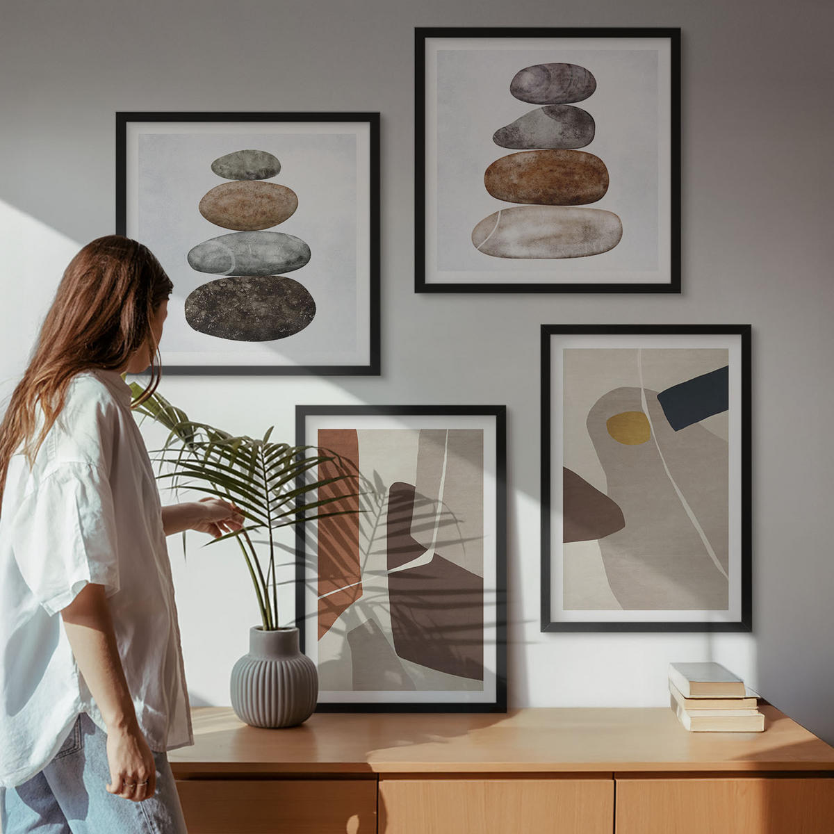 BILDER SET 4er Set - 50x50 cm & 40x60 cm Schwarzer Rahmen - Abstrakte Boho-Formen - Schwarz, Kunststoff (50/50cm) - TULUP